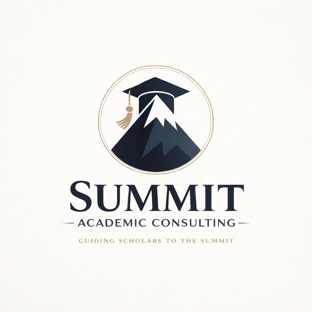 Logo for Summit Academic Consulting featuring a mountain with a graduation cap and tassel, with the tagline 'Guiding Scholars to the Summit'.