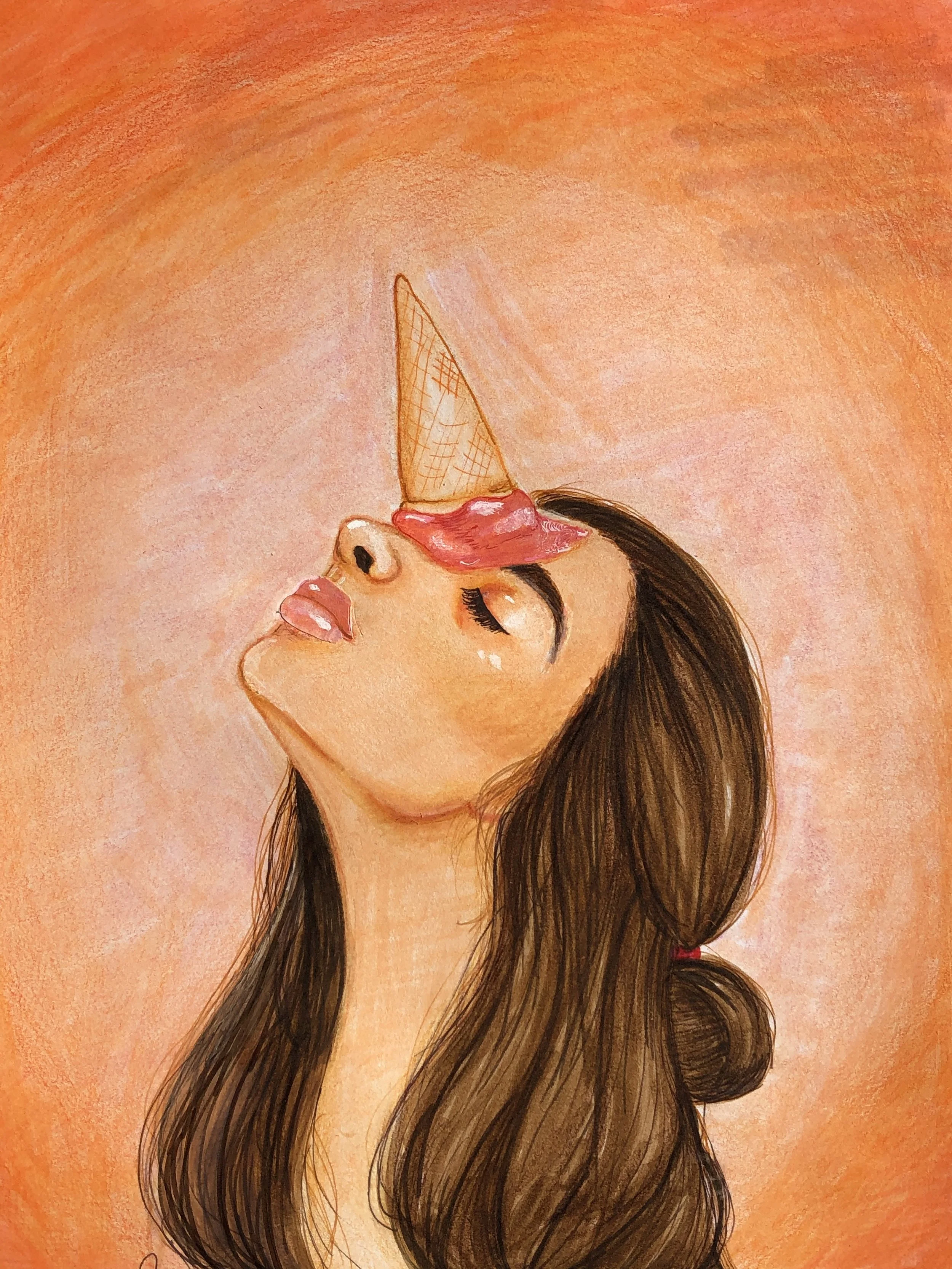A drawing of a woman with long brown hair and closed eyes, with an ice cream cone on her forehead, topped with pink ice cream and a cherry.