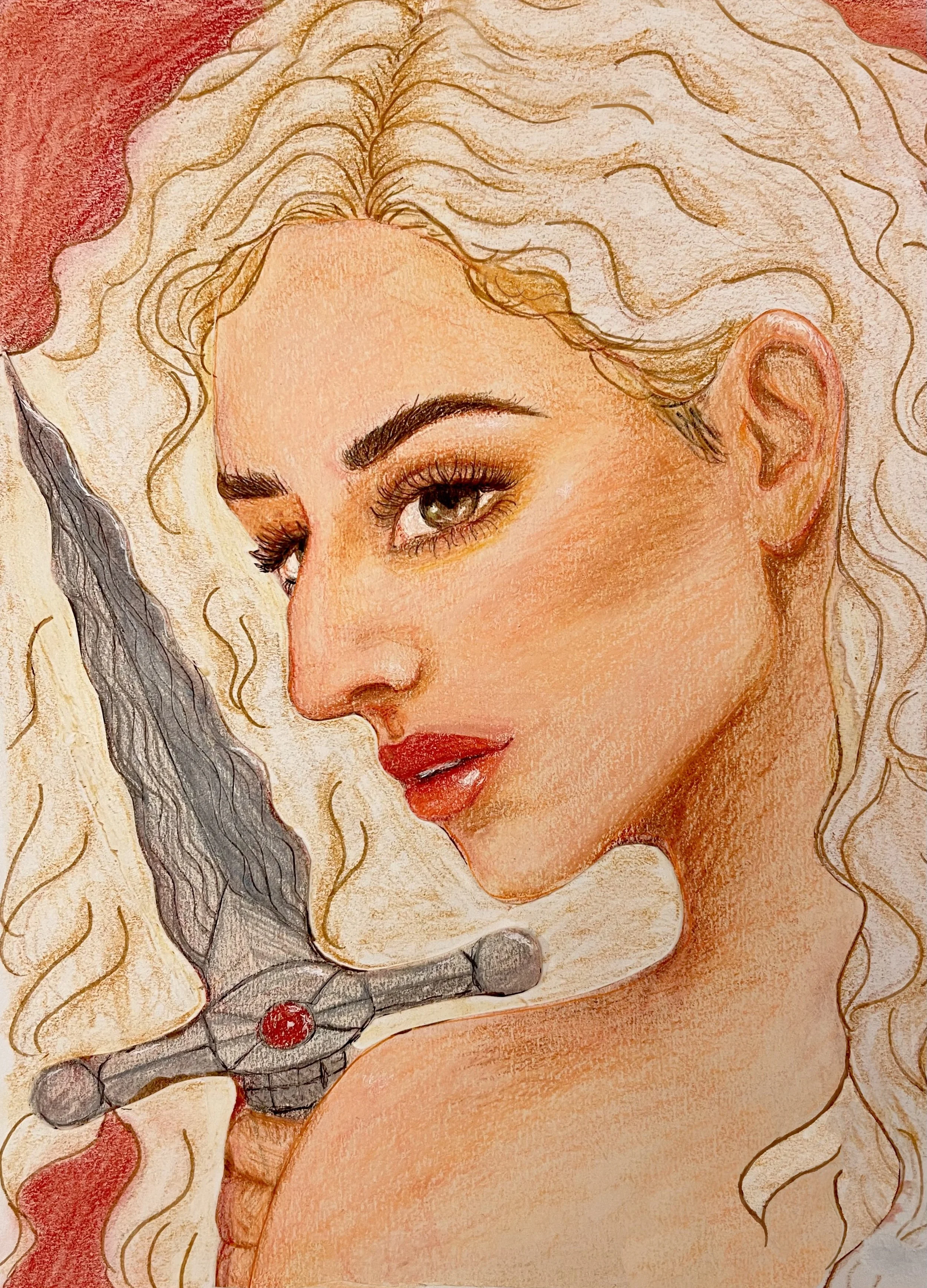 A detailed colored drawing of a woman with long, wavy blonde hair, green eyes, full lips, and wearing a choker-style necklace with a small red gemstone. The woman is shown from the shoulders up, with her face in profile.