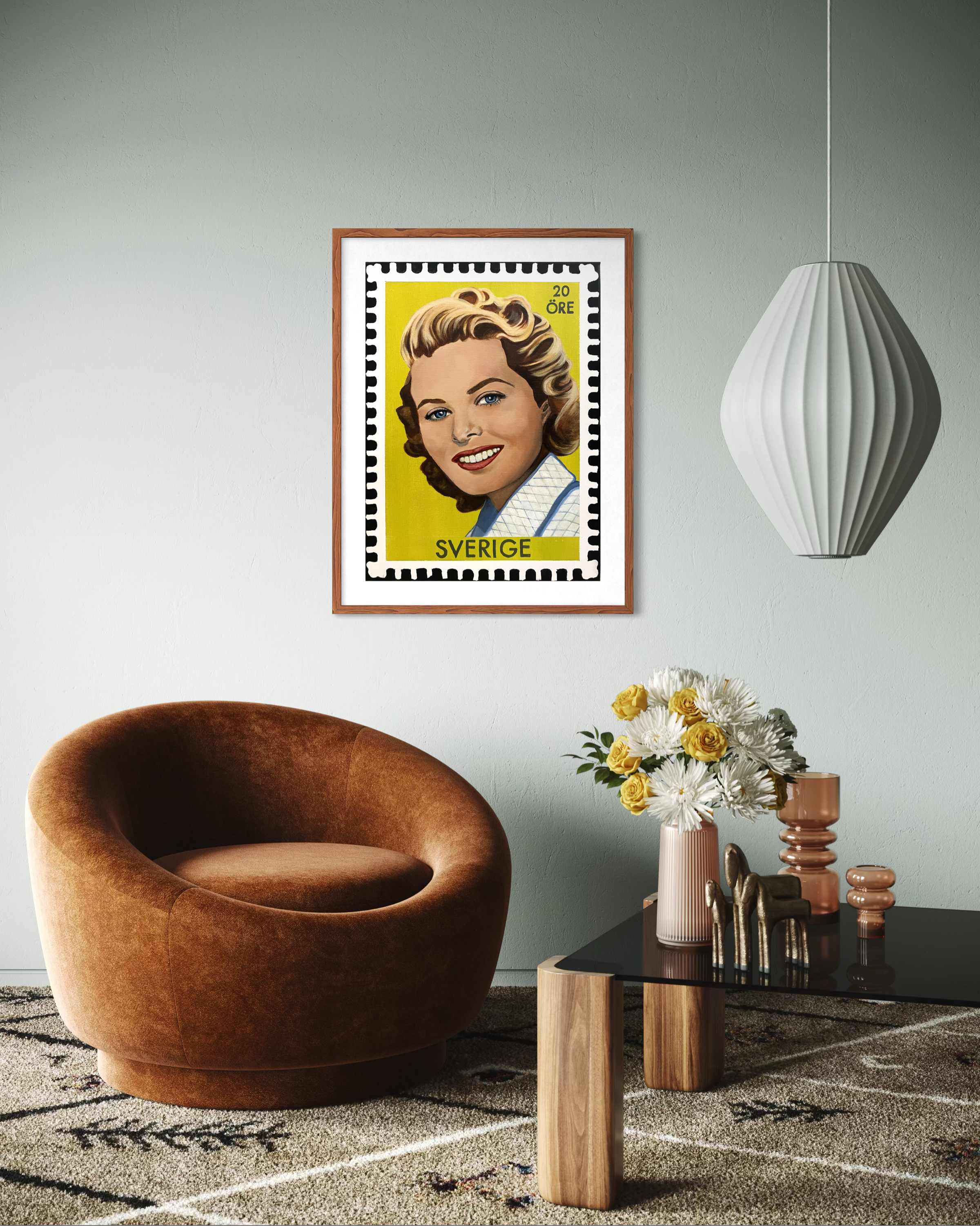 Large framed printed portrait of a young iconic actress, Ingrid Bergman, as a vintage Swedish postage stamp with a bright Citrine background, inspired by Hollywood glamour and 1950s pin-up art.PNG