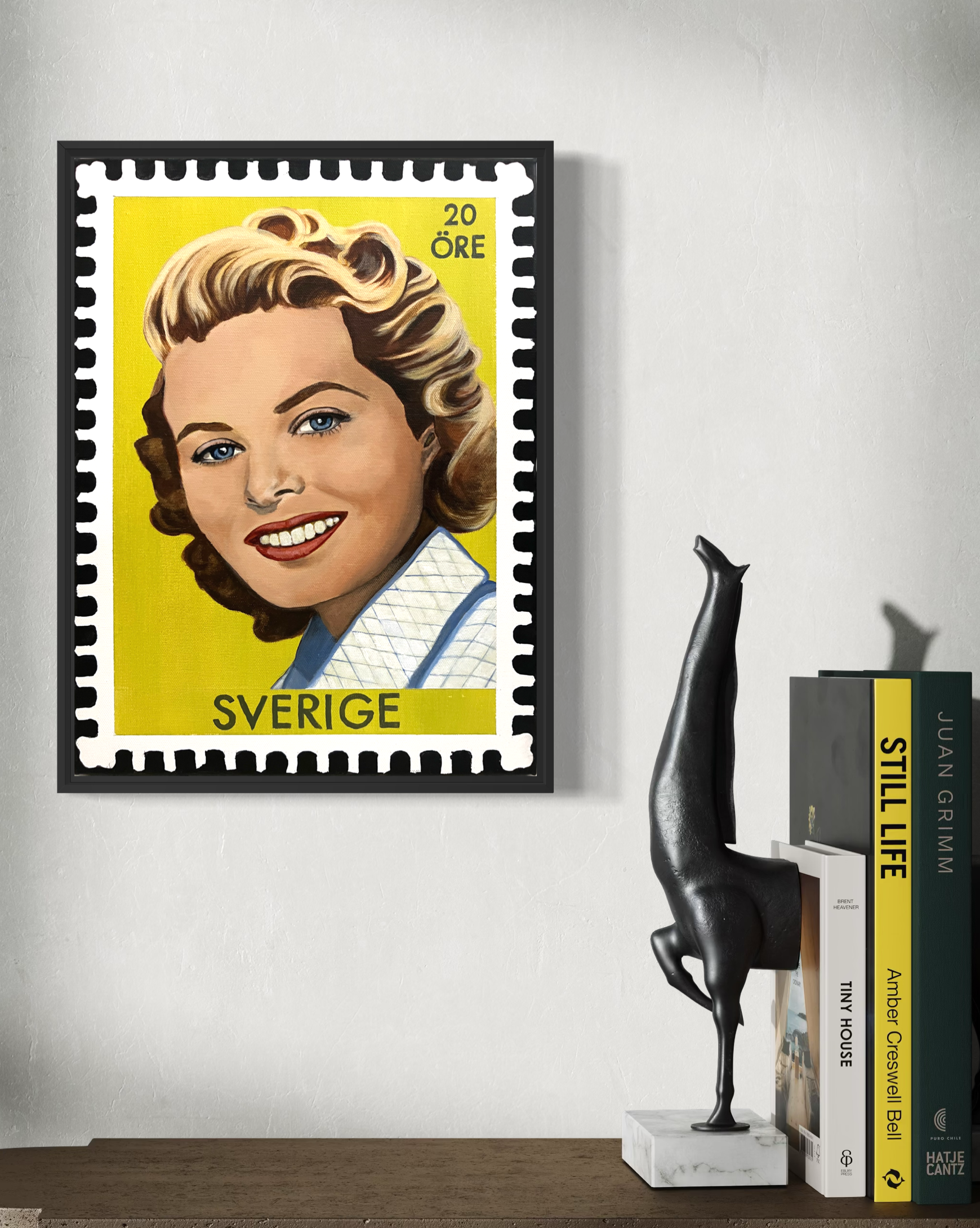 Framed original portrait of a young iconic actress, Ingrid Bergman, as a vintage Swedish postage stamp with a bright Citrine background, inspired by Hollywood glamour and 1950s pin-up art.PNG