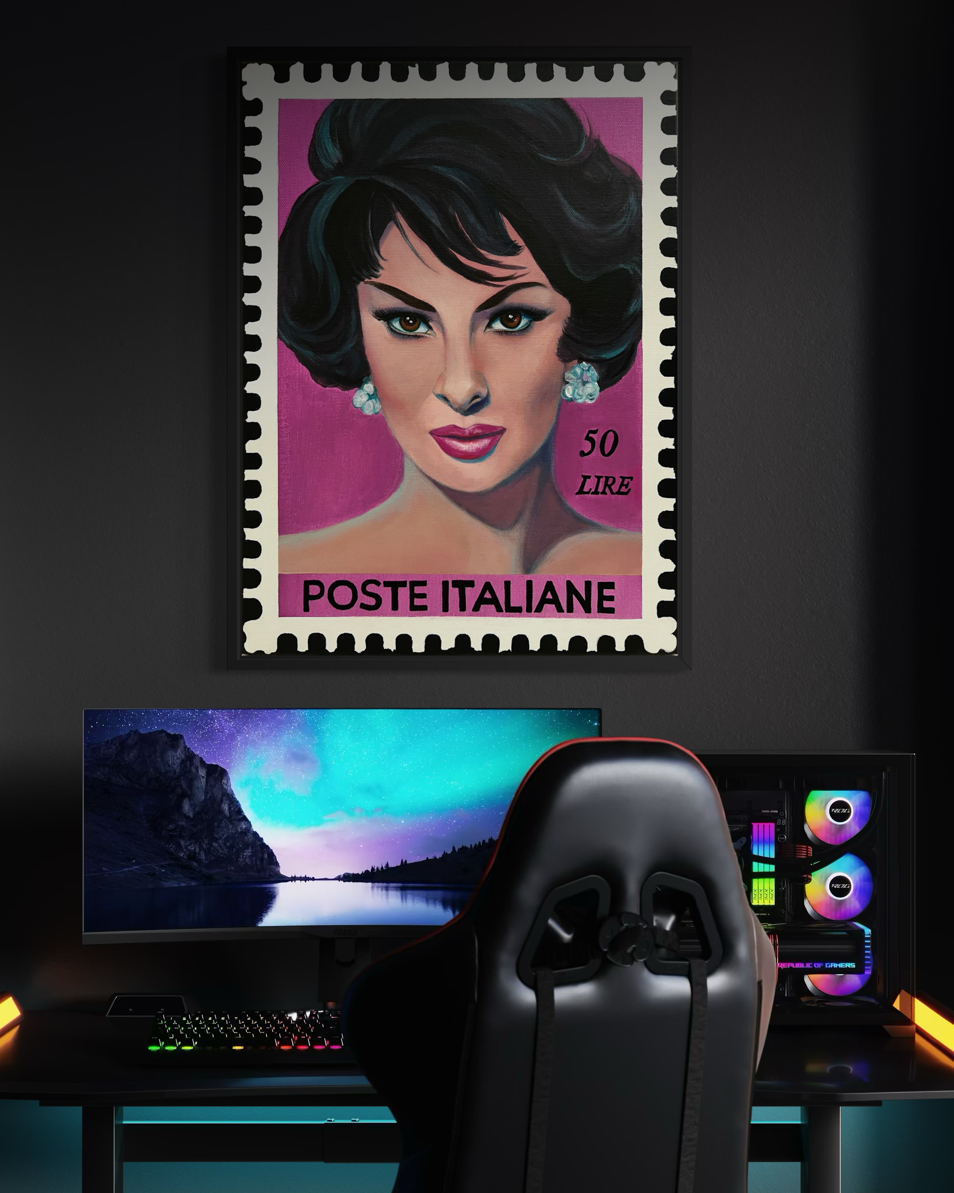 Large printed portrait featuring iconic actress, Gina Lollobrigida, painted as a vintage Italian postage stamp with a rich magenta background, inspired by Hollywood glamour and 1950s pin-up art.PNG