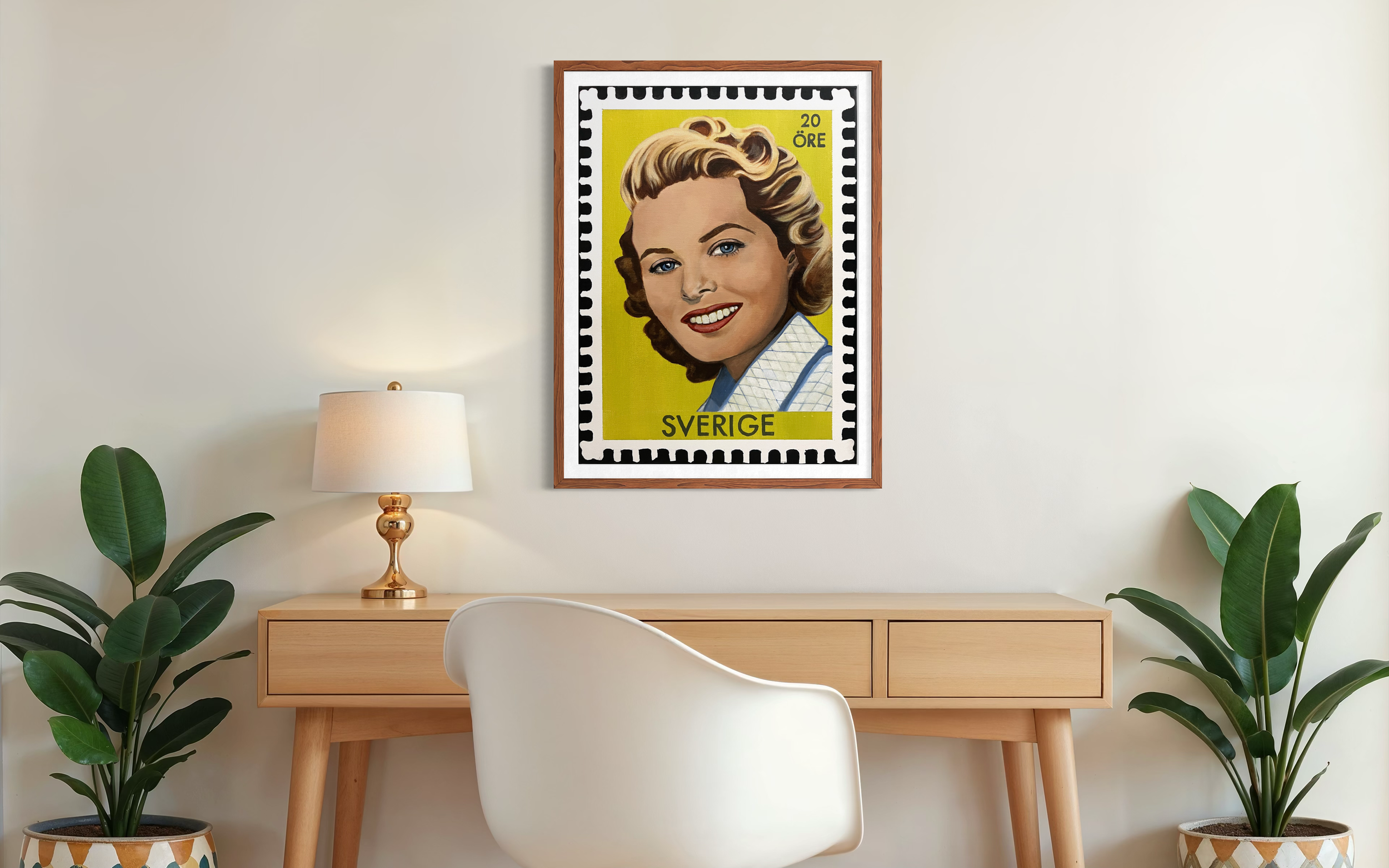 Large framed printed portrait of a young iconic actress, Ingrid Bergman, as a vintage Swedish postage stamp with a bright Citrine background, inspired by Hollywood glamour and 1950s pin-up art.PNG