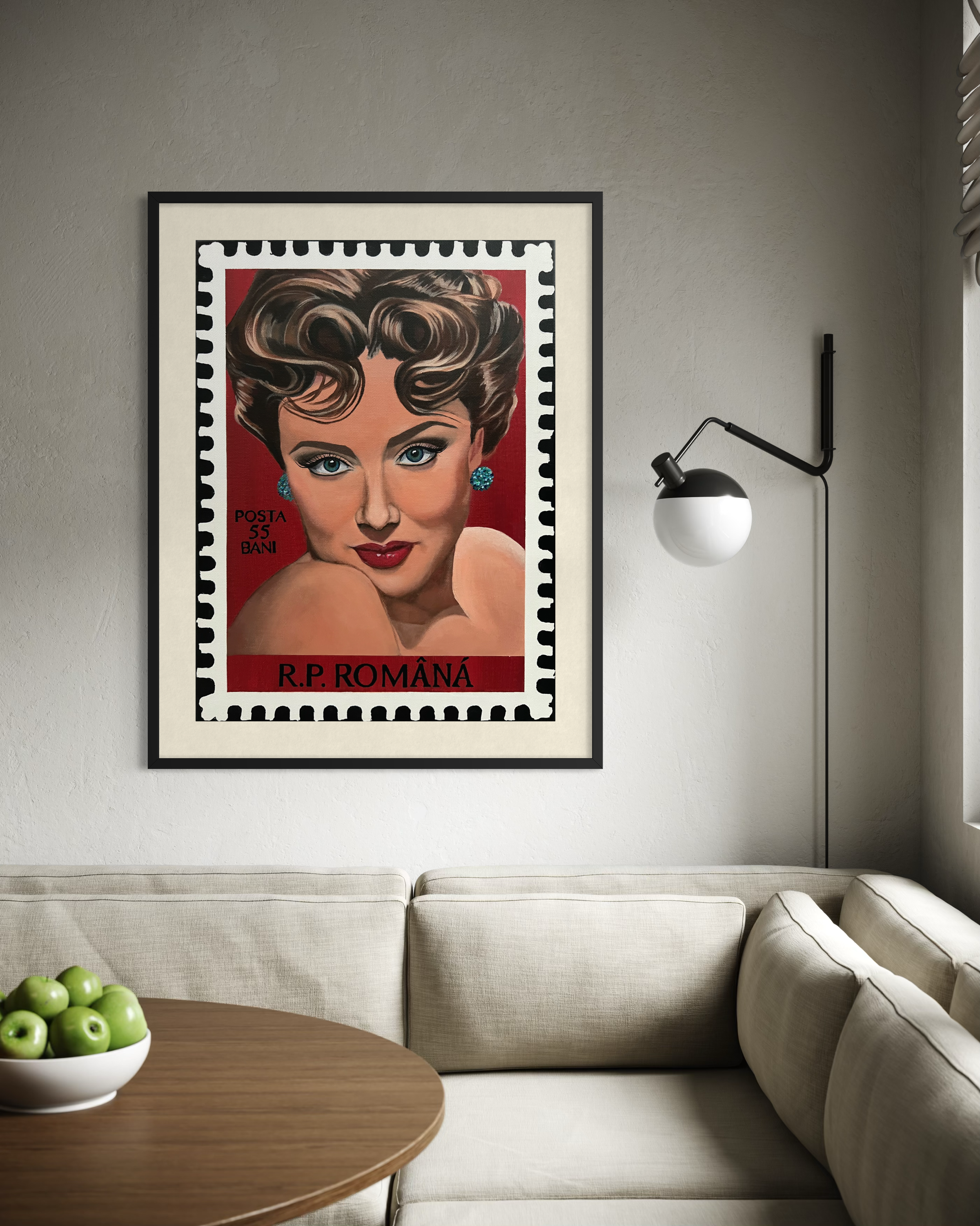 Large framed printed portrait featuring iconic actress, Nadia Gray, painted as a vintage Romanian postage stamp with a rich red background, inspired by Hollywood glamour and 1950s pin-up art.PNG