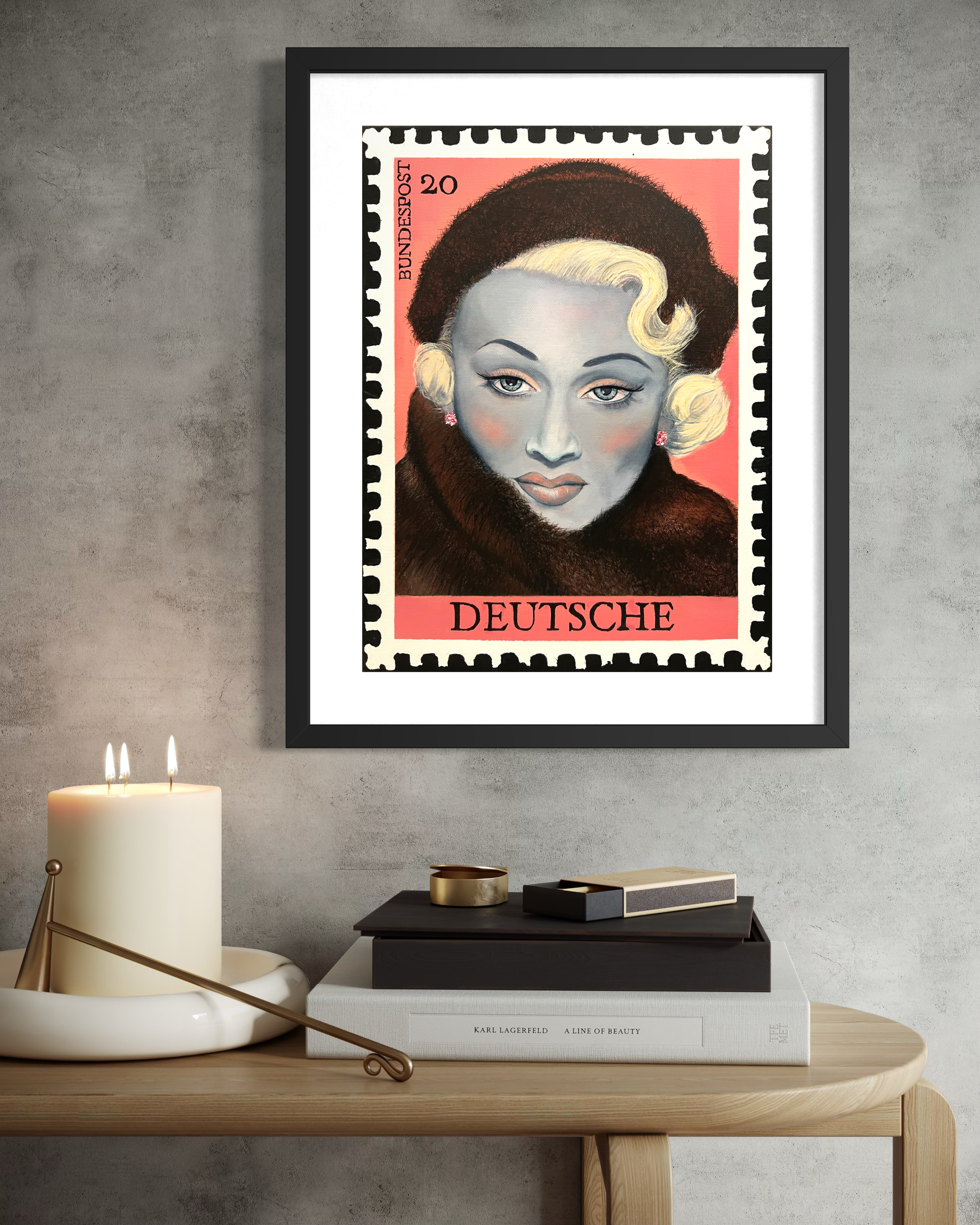 Printed portrait featuring iconic actress, Marlene Dietrich, painted as a vintage German postage stamp with a pastel pink background, inspired by Hollywood glamour and 1950s pin-up art.jpeg
