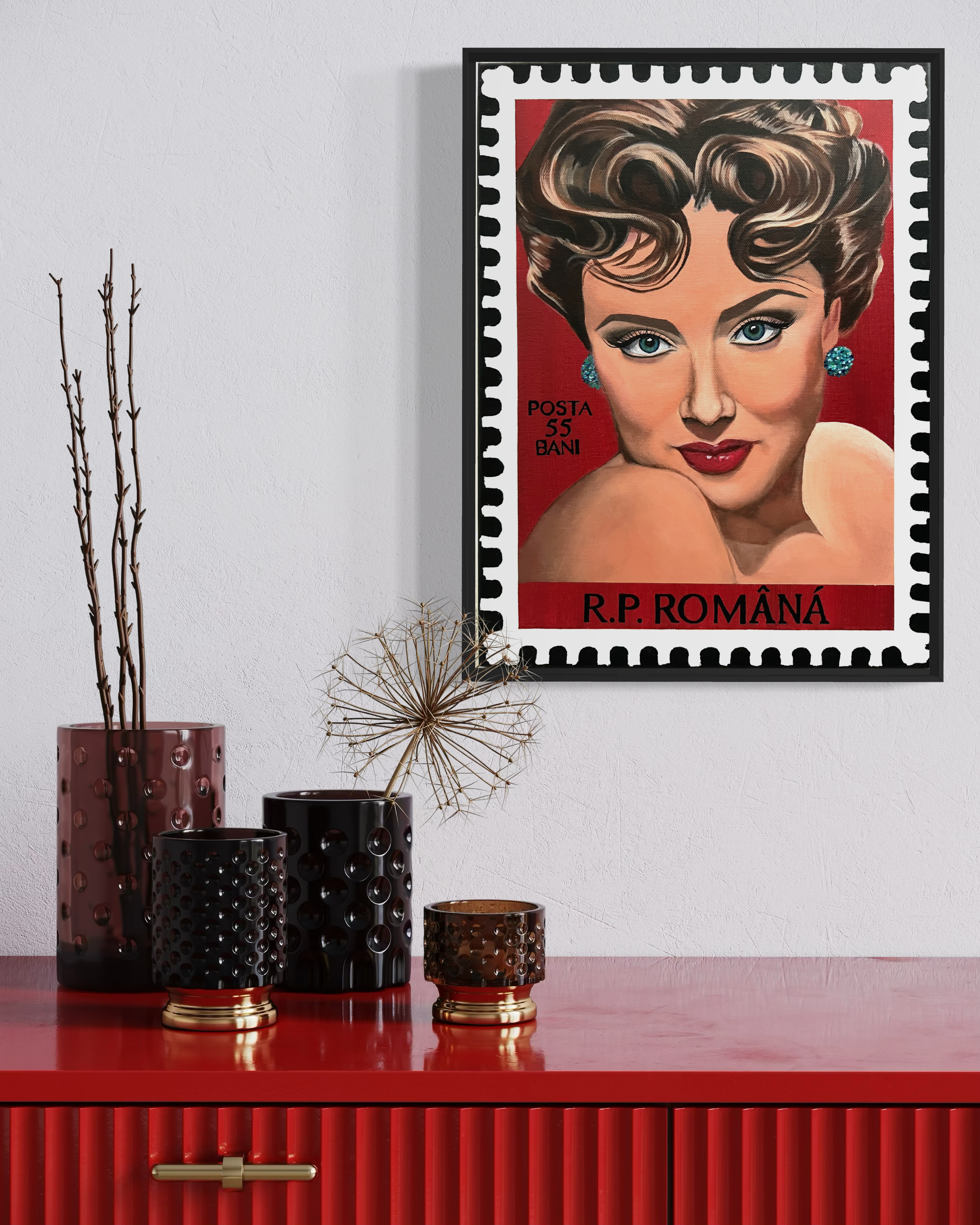 Original framed portrait featuring iconic actress, Nadia Gray, painted as a vintage Romanian postage stamp with a rich red background, inspired by Hollywood glamour and 1950s pin-up art.PNG