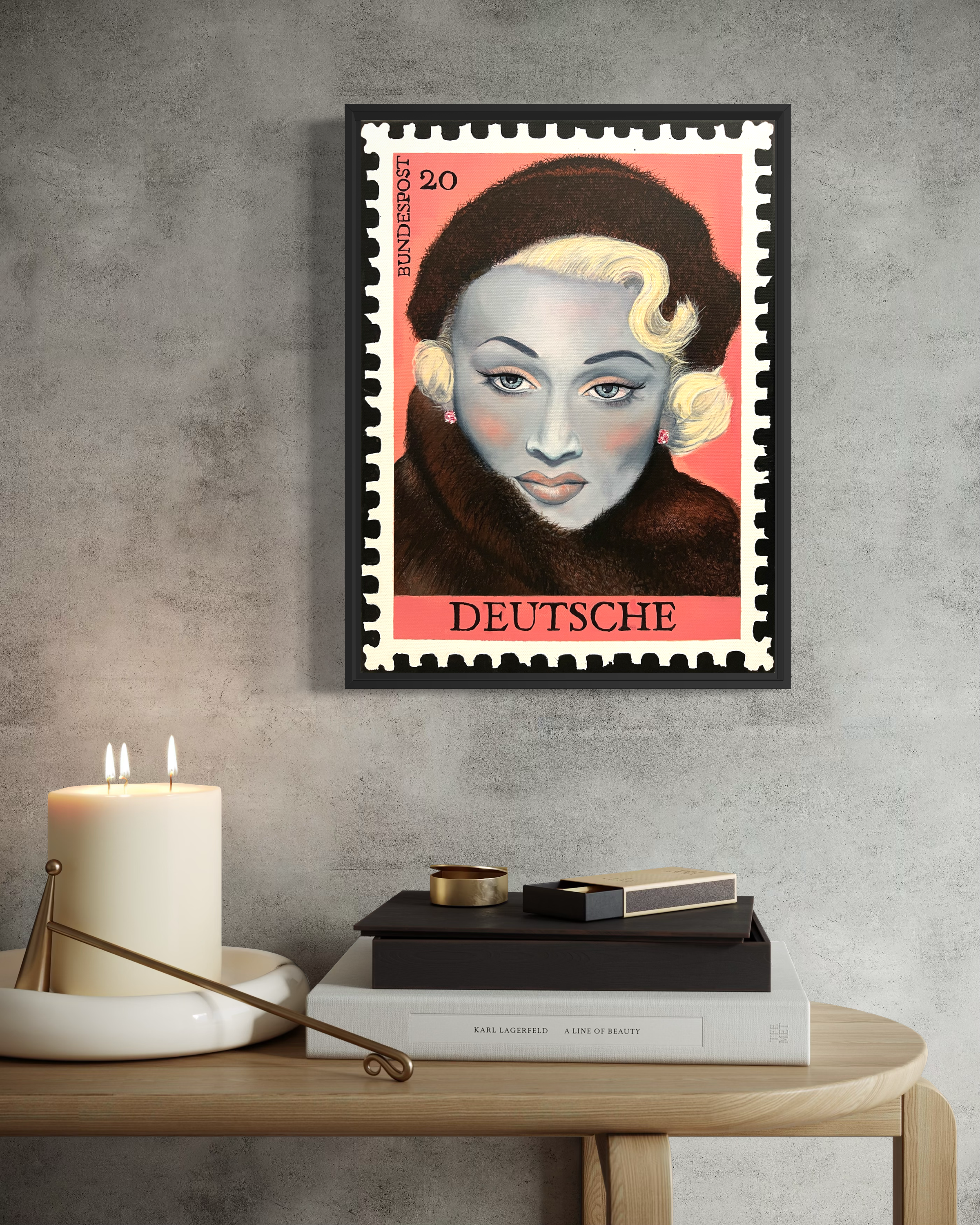 Original framed portrait featuring iconic actress, Marlene Dietrich, painted as a vintage German postage stamp with a soft pink background, inspired by Hollywood glamour and 1950s pin-up art.PNG