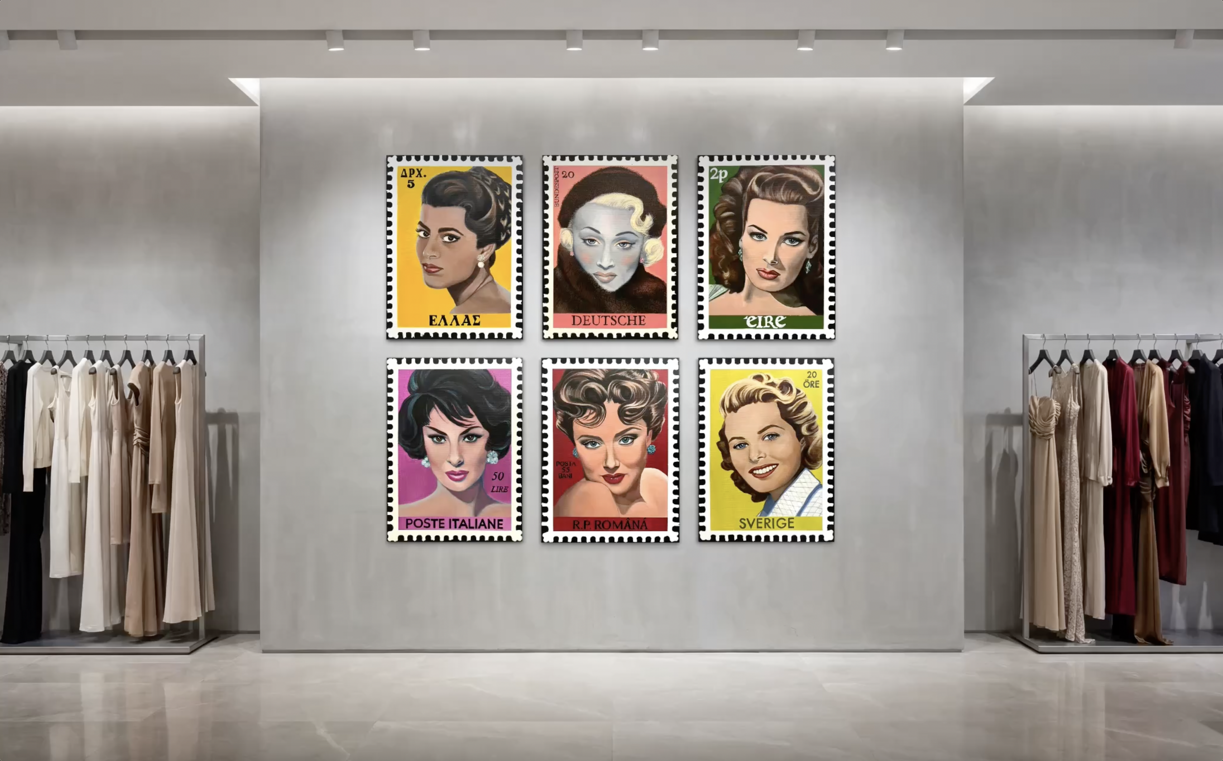 Display of vintage postage stamps featuring portraits of women, arranged on a gray wall in a retail store. Clothing racks with beige and colored dresses are visible on both sides.