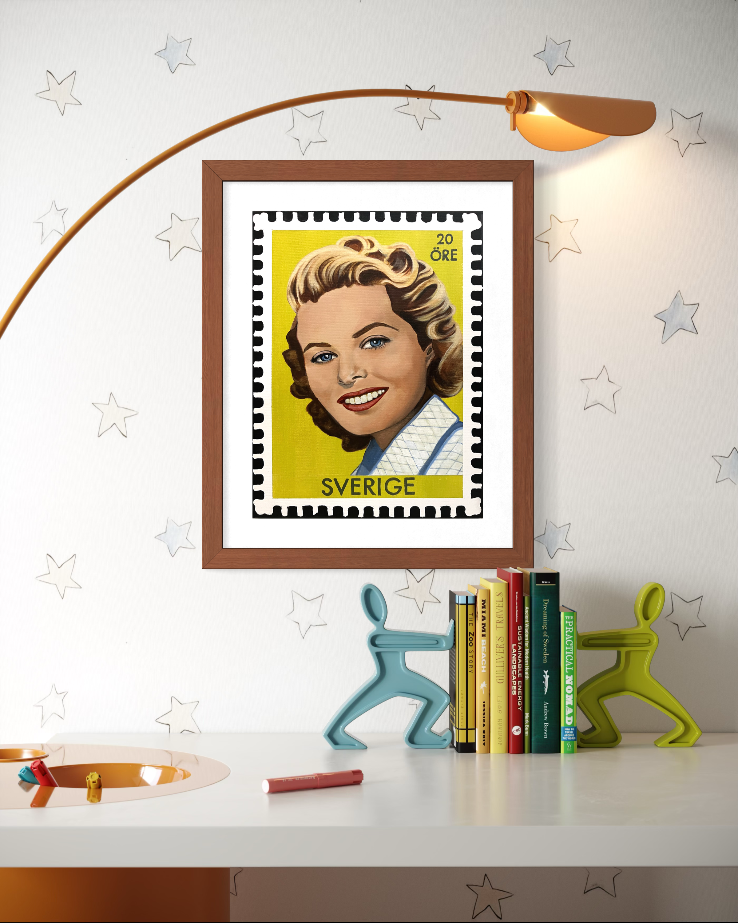 Decorative bookshelf with colorful books, blue and green animal-shaped bookends, and star-patterned wall or wallpaper behind.