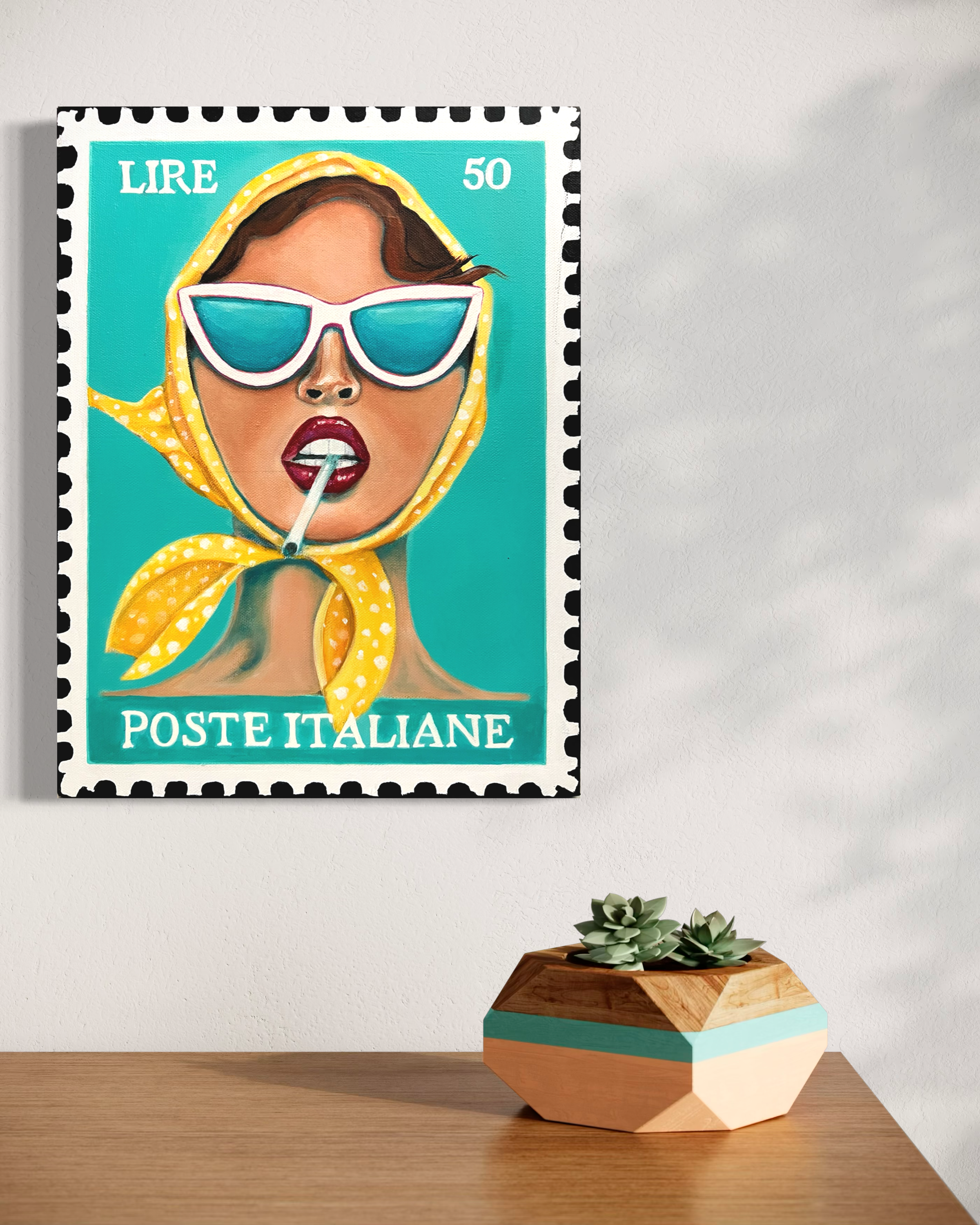 Giorgia, original portrait, painted as a vintage Italian postage stamp with a vibrant turquoise background, inspired by Italian summers and 1950s pin-up art.PNG
