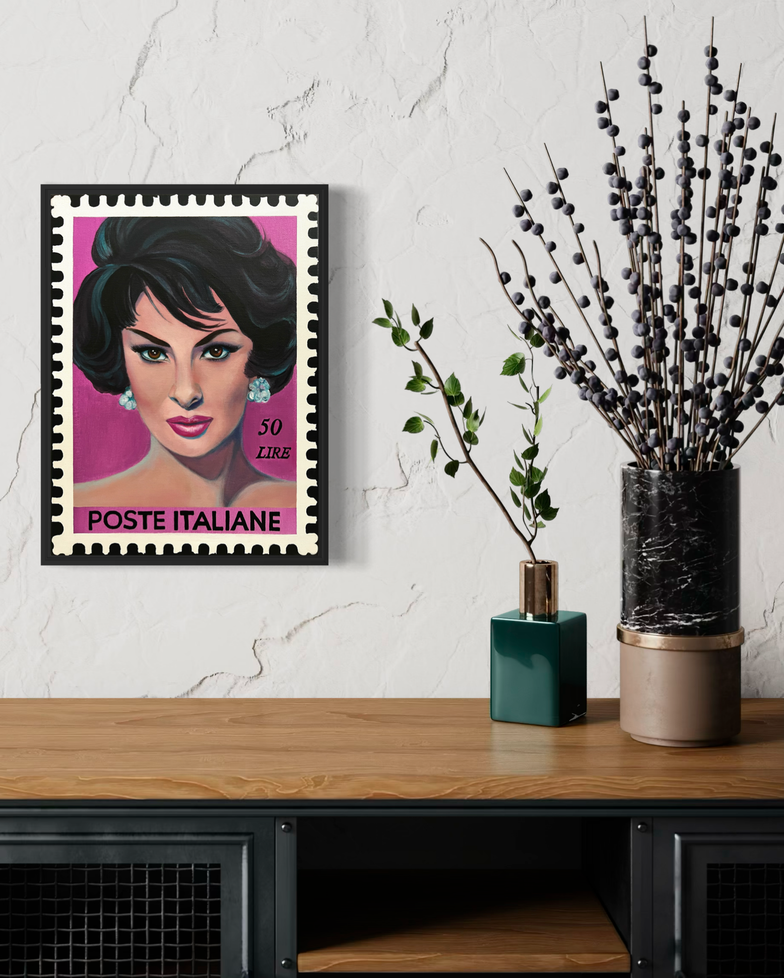 Framed original portrait featuring iconic actress, Gina Lollobrigida, painted as a vintage Italian postage stamp with a rich magenta background, inspired by Hollywood glamour and 1950s pin-up art.PNG