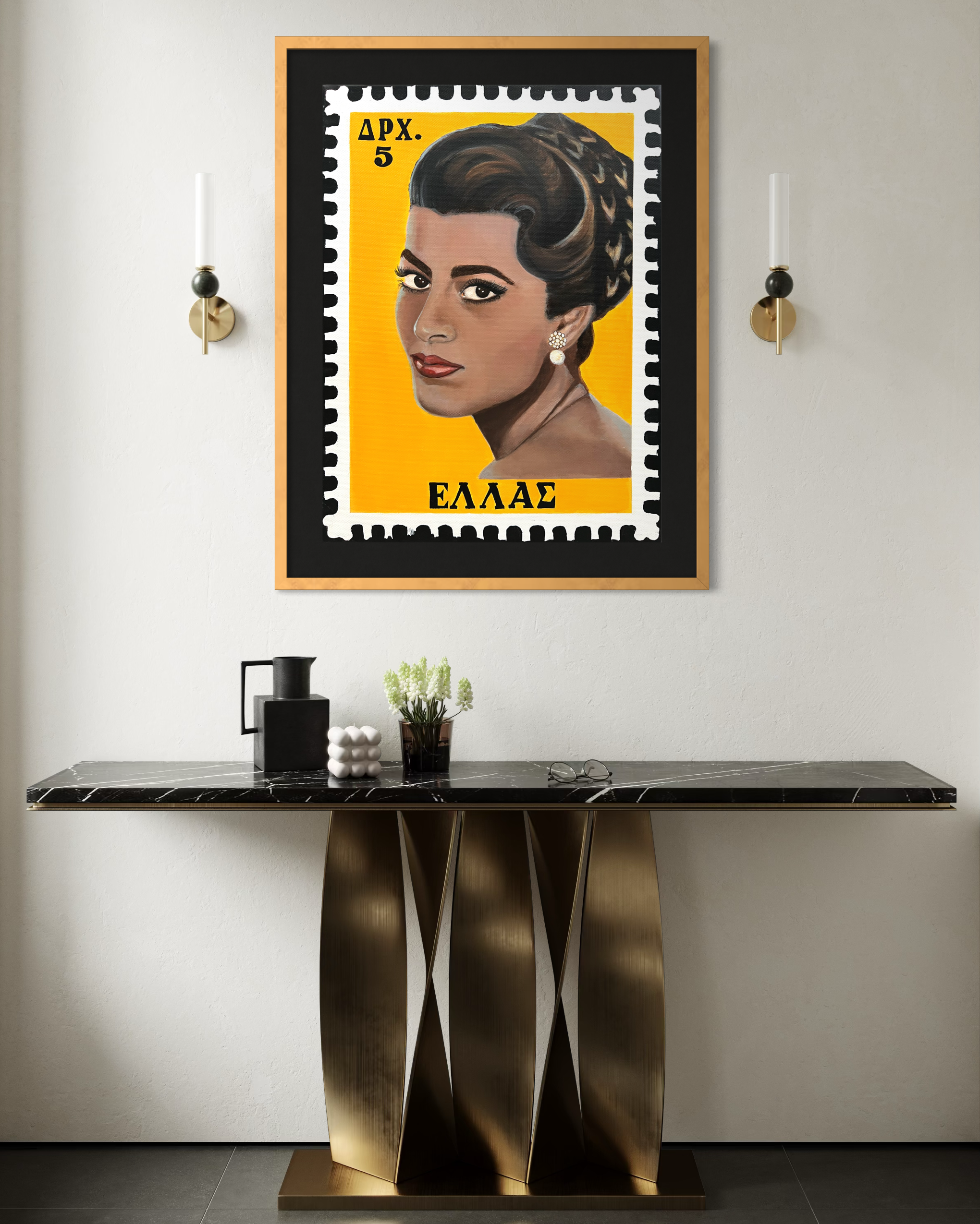 Printed portrait featuring iconic actress, Irene Papas, painted as a vintage Greek postage stamp with a rich yellow background, inspired by Hollywood glamour and 1950s pin-up art.PNG
