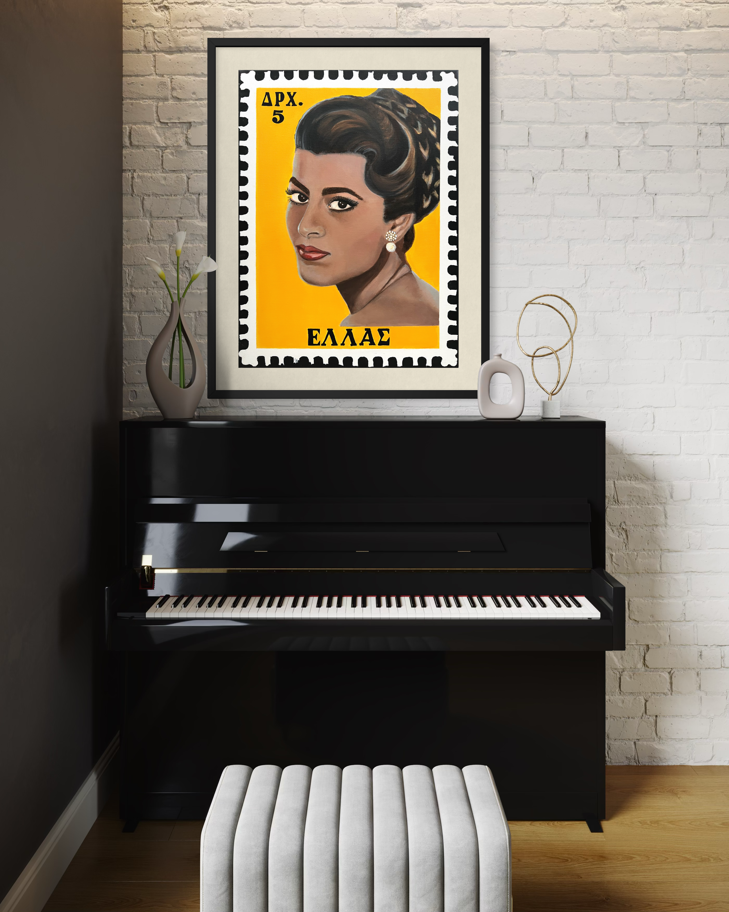 Printed portrait featuring iconic actress, Irene Papas, painted as a vintage Greek postage stamp with a rich yellow background, inspired by Hollywood glamour and 1950s pin-up art, above a pianoPNG