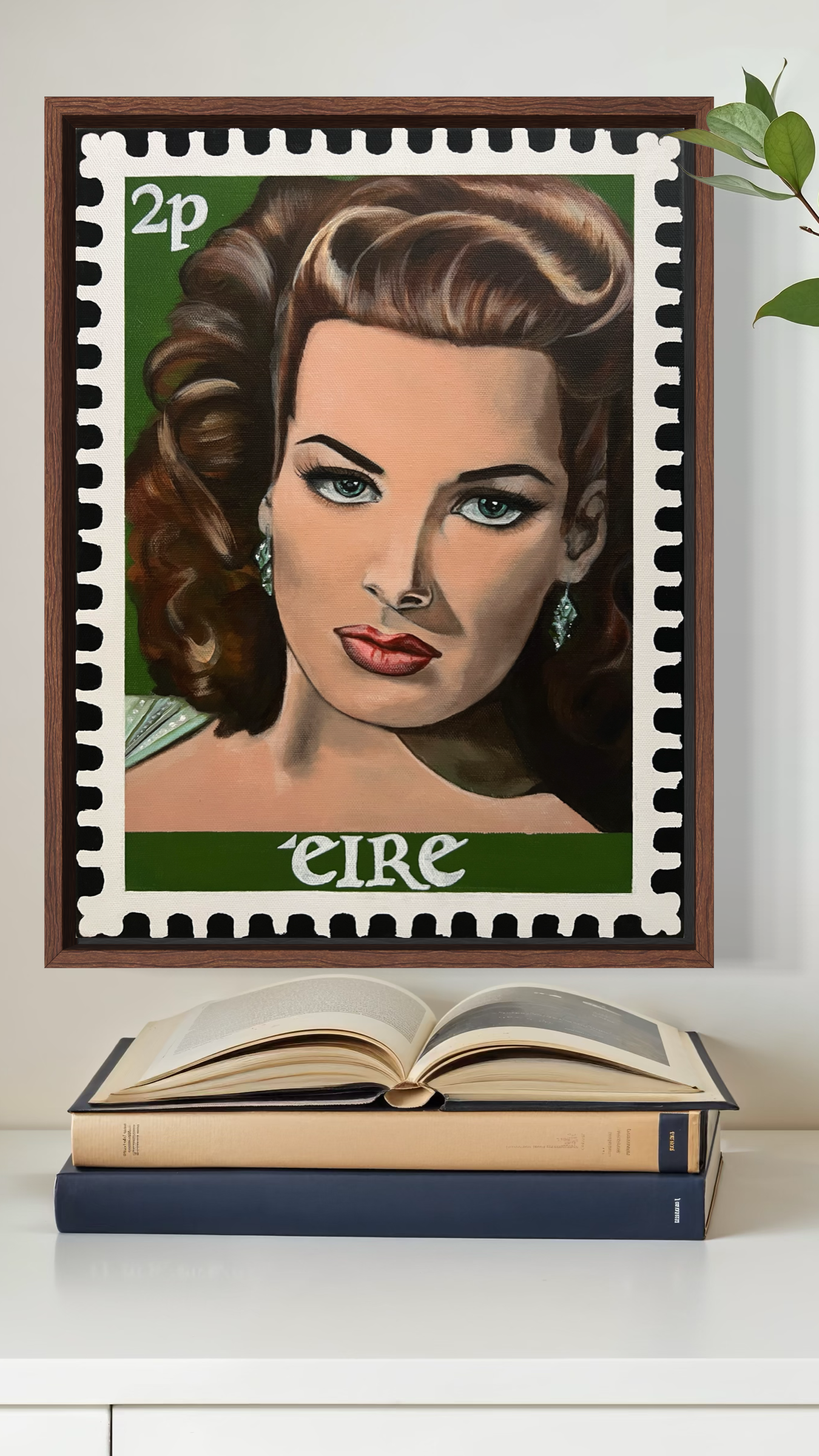 2.	Framed printed portrait of the iconic actress, Maureen O'Hara, as a vintage Irish postage stamp, inspired by Hollywood glamour and 1950s pin-up art.PNG