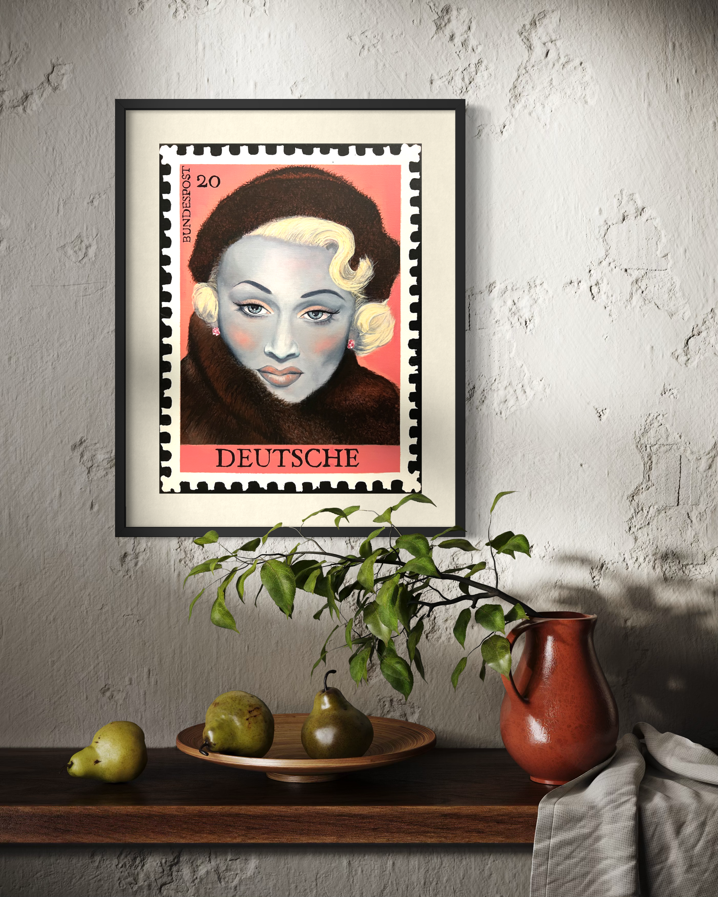 Printed portrait featuring iconic actress, Marlene Dietrich, painted as a vintage German postage stamp with a pastel pink background, inspired by Hollywood glamour and 1950s pin-up art.jpeg