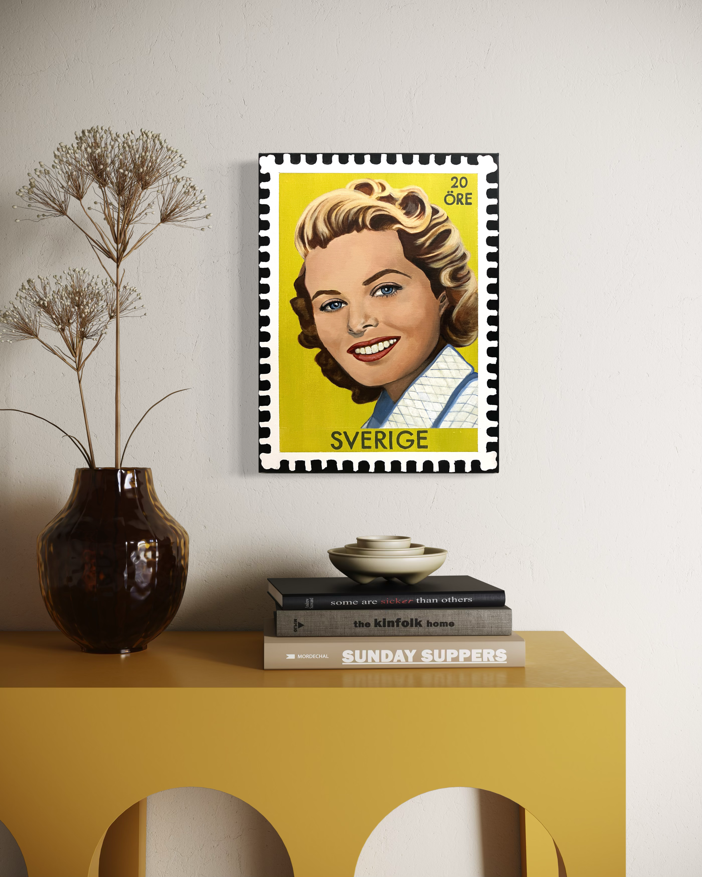 Original portrait of a young iconic actress, Ingrid Bergman, as a vintage Swedish postage stamp with a bright Citrine background, inspired by Hollywood glamour and 1950s pin-up art.PNG