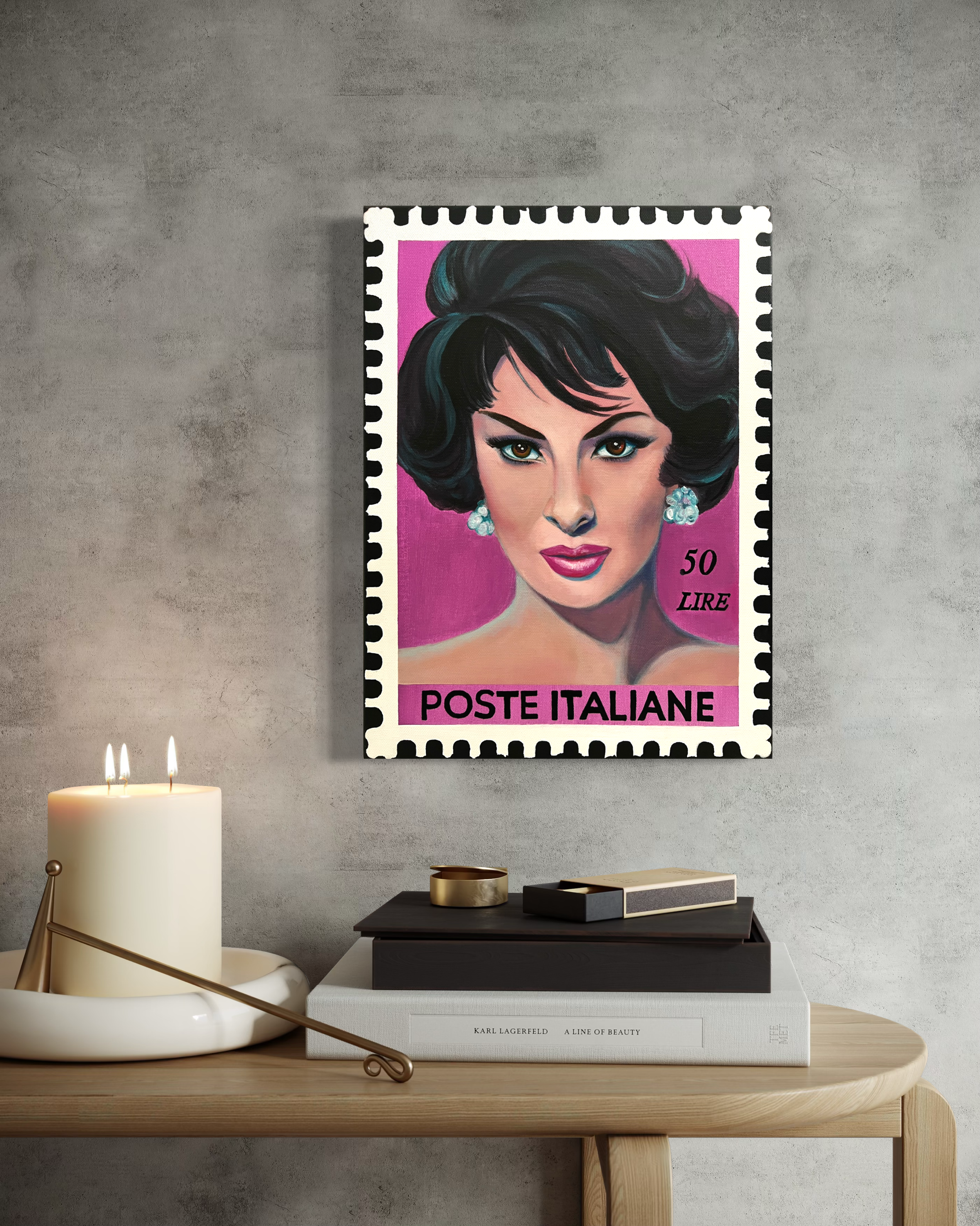 Printed portrait featuring iconic actress, Gina Lollobrigida, painted as a vintage Italian postage stamp with a rich magenta background, inspired by Hollywood glamour and 1950s pin-up art.PNG