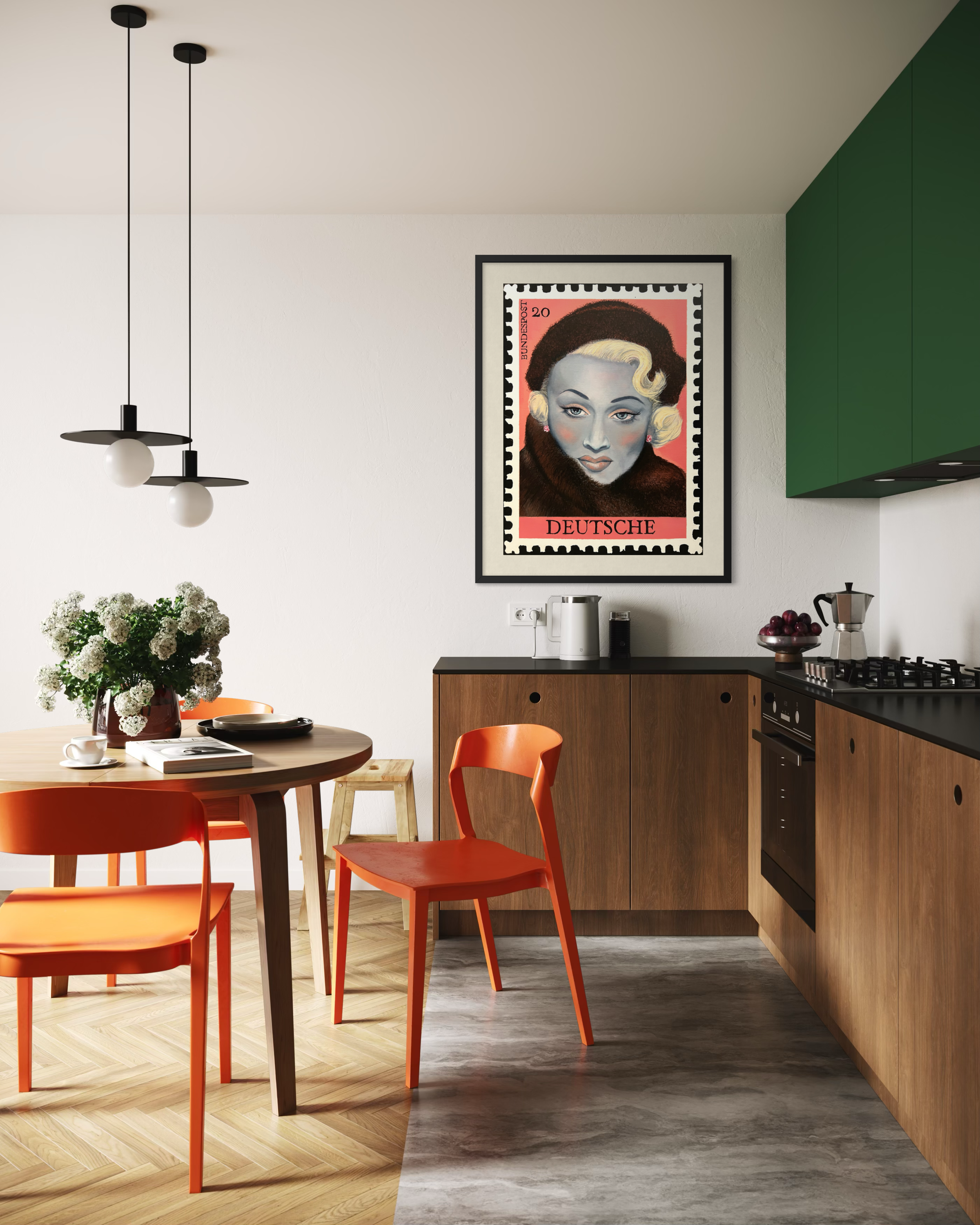 Printed portrait featuring iconic actress, Marlene Dietrich, painted as a vintage German postage stamp with a pastel pink background, inspired by Hollywood glamour and 1950s pin-up art.jpeg