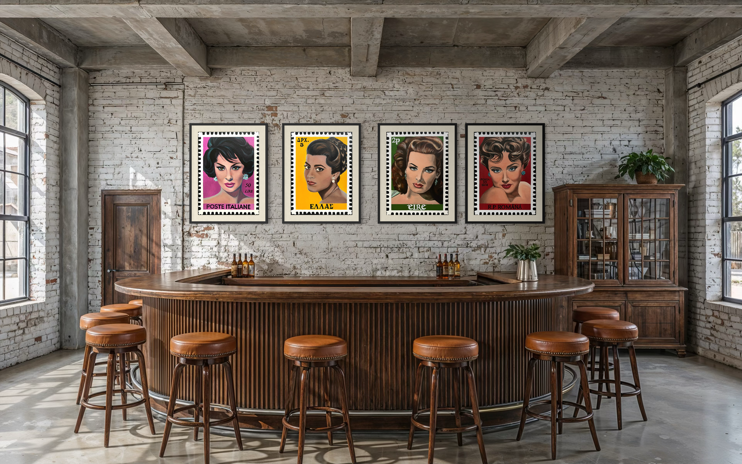 A bar with a curved wooden counter surrounded by brown leather barstools; four framed vintage stamps of women's portraits are hung on a white brick wall behind the bar, with a wooden cabinet and potted plant on the right side of the wall.