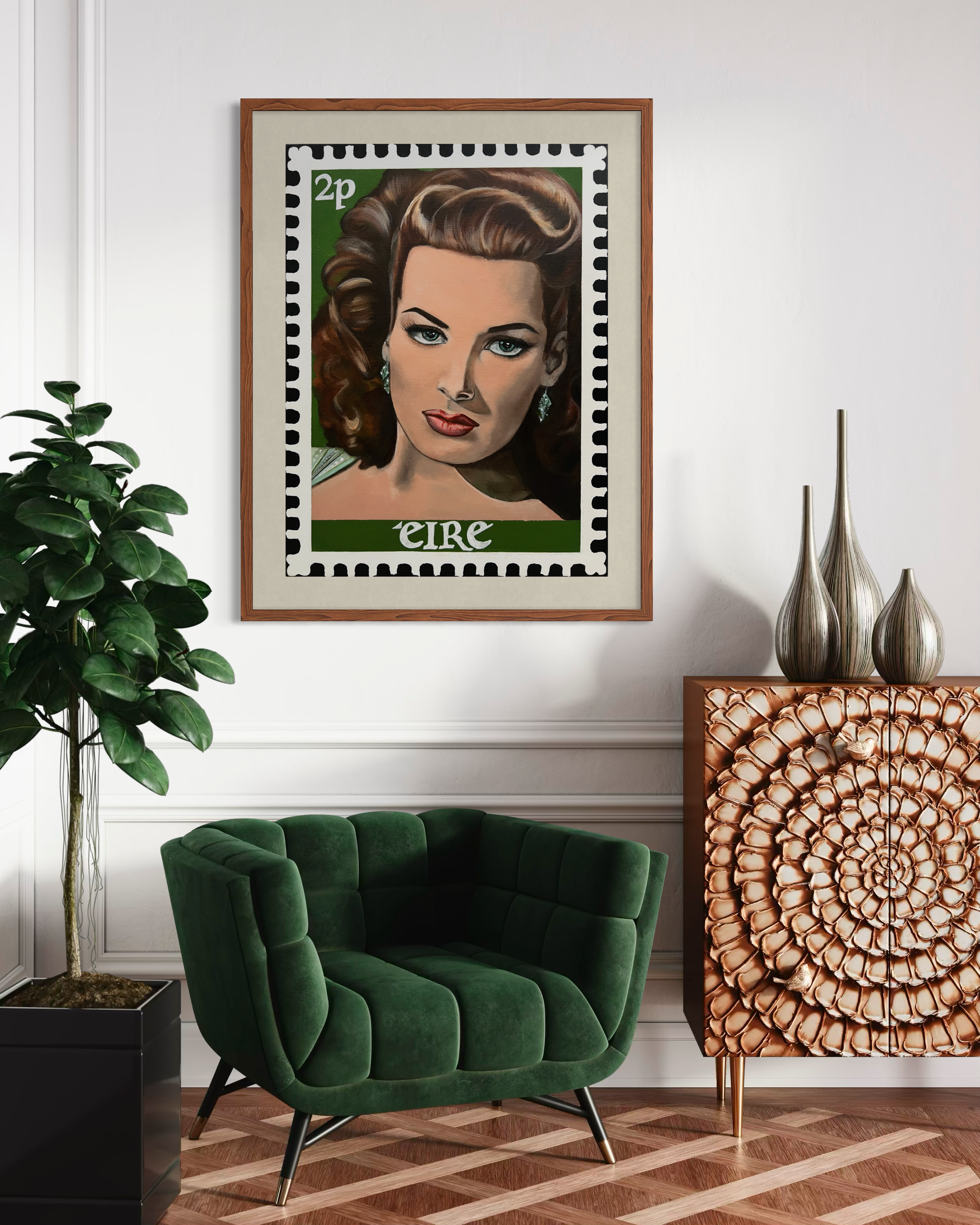 I2.	Large framed printed portrait of the iconic actress, Maureen O'Hara, as a vintage Irish postage stamp, inspired by Hollywood glamour and 1950s pin-up art.PNG