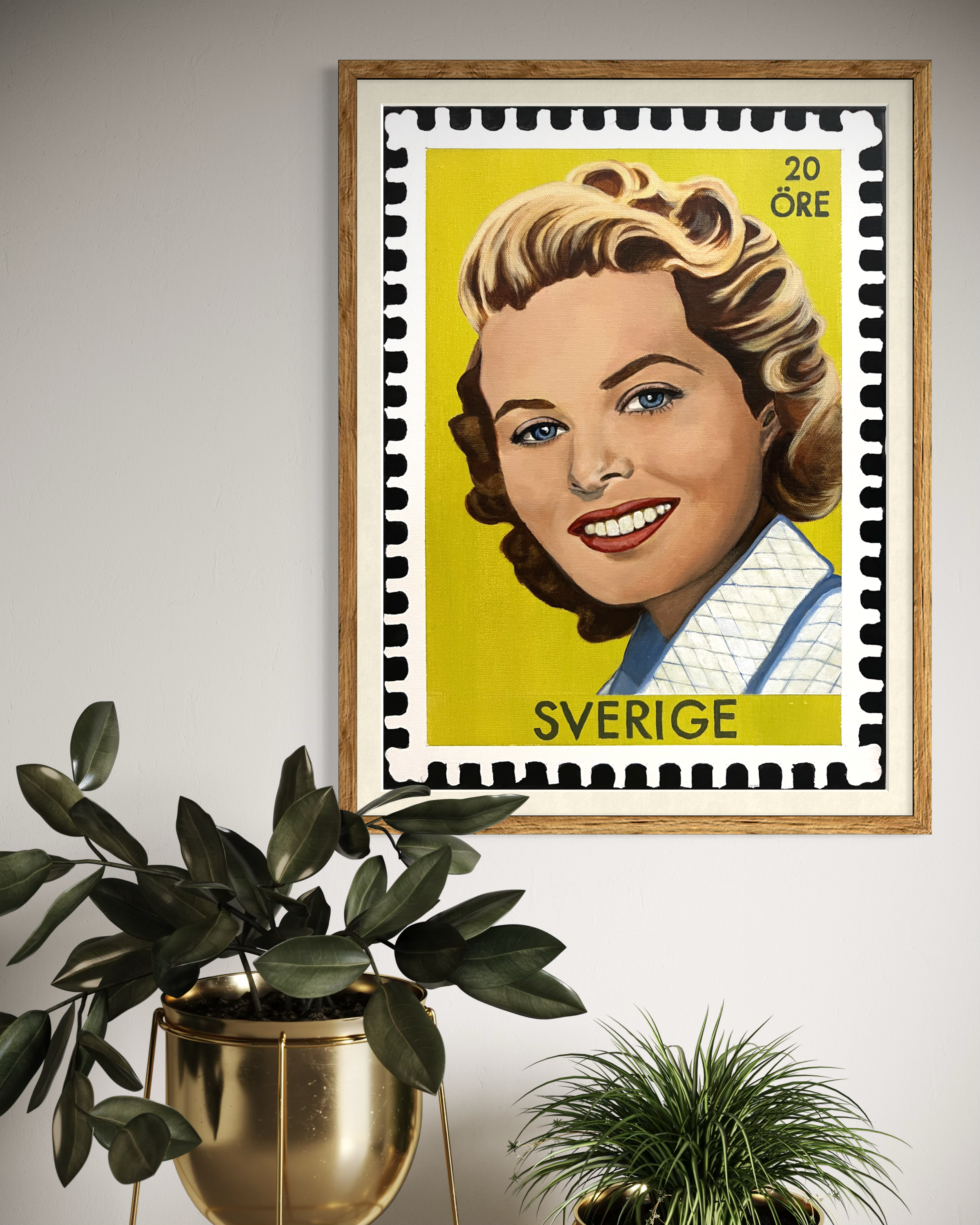 Printed portrait in timber frame, of a young iconic actress, Ingrid Bergman, as a vintage Swedish postage stamp with a bright Citrine background, inspired by Hollywood glamour and 1950s pin-up art.PNG