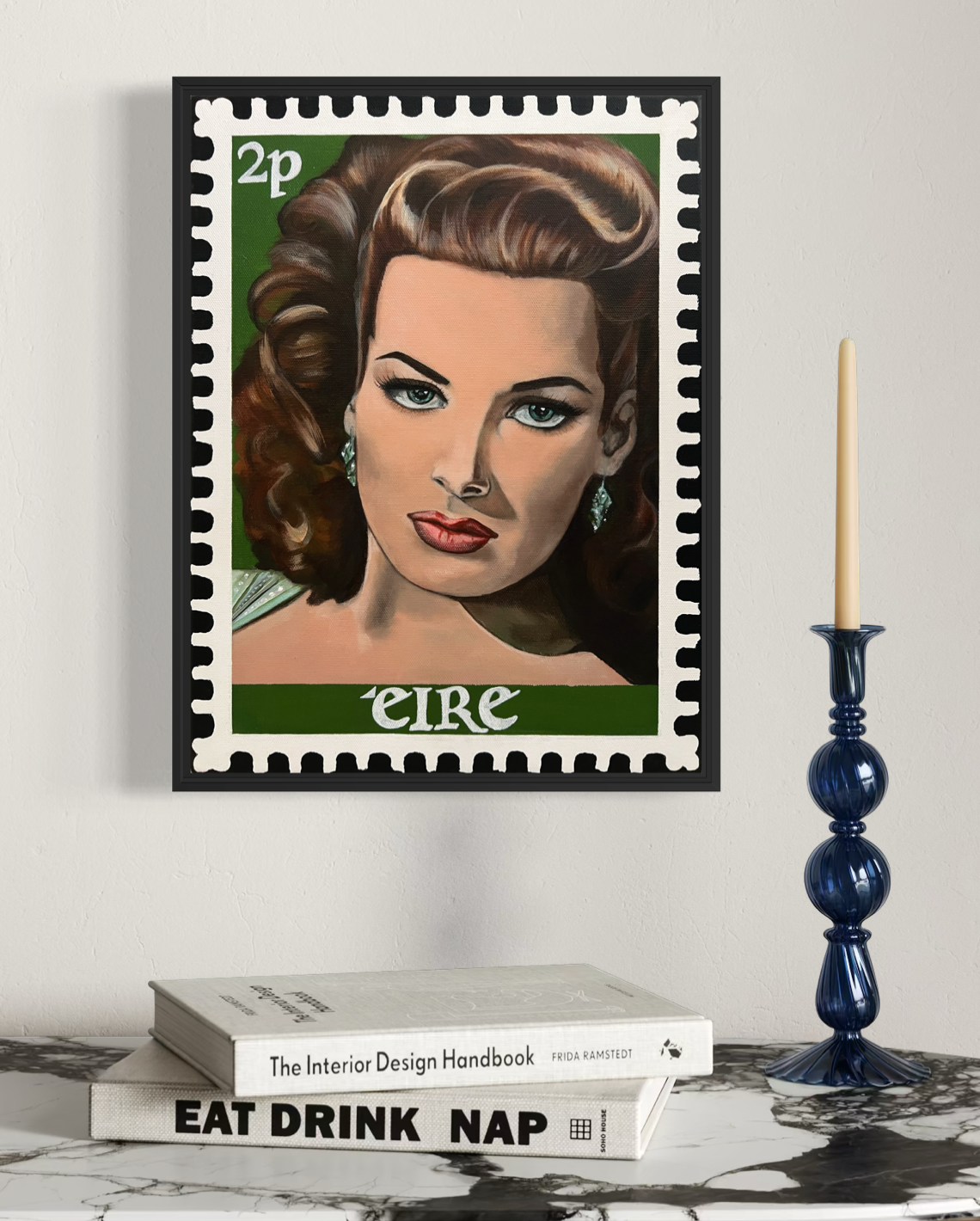 Original framed portrait of Maureen O'Hara, with rich green background, inspired by vintage Hollywood glamour and 1950s pin-up art.PNG