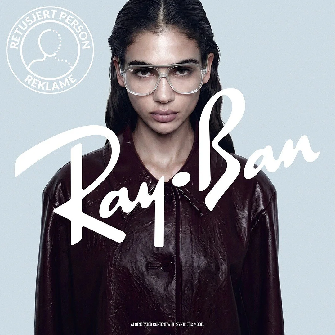 A woman with dark hair, wearing clear glasses and a dark leather jacket, looking directly at the camera. The background is plain and light gray. There is a white handwritten-style signature text overlay that reads 'Ray-Ban' and a circular logo with a