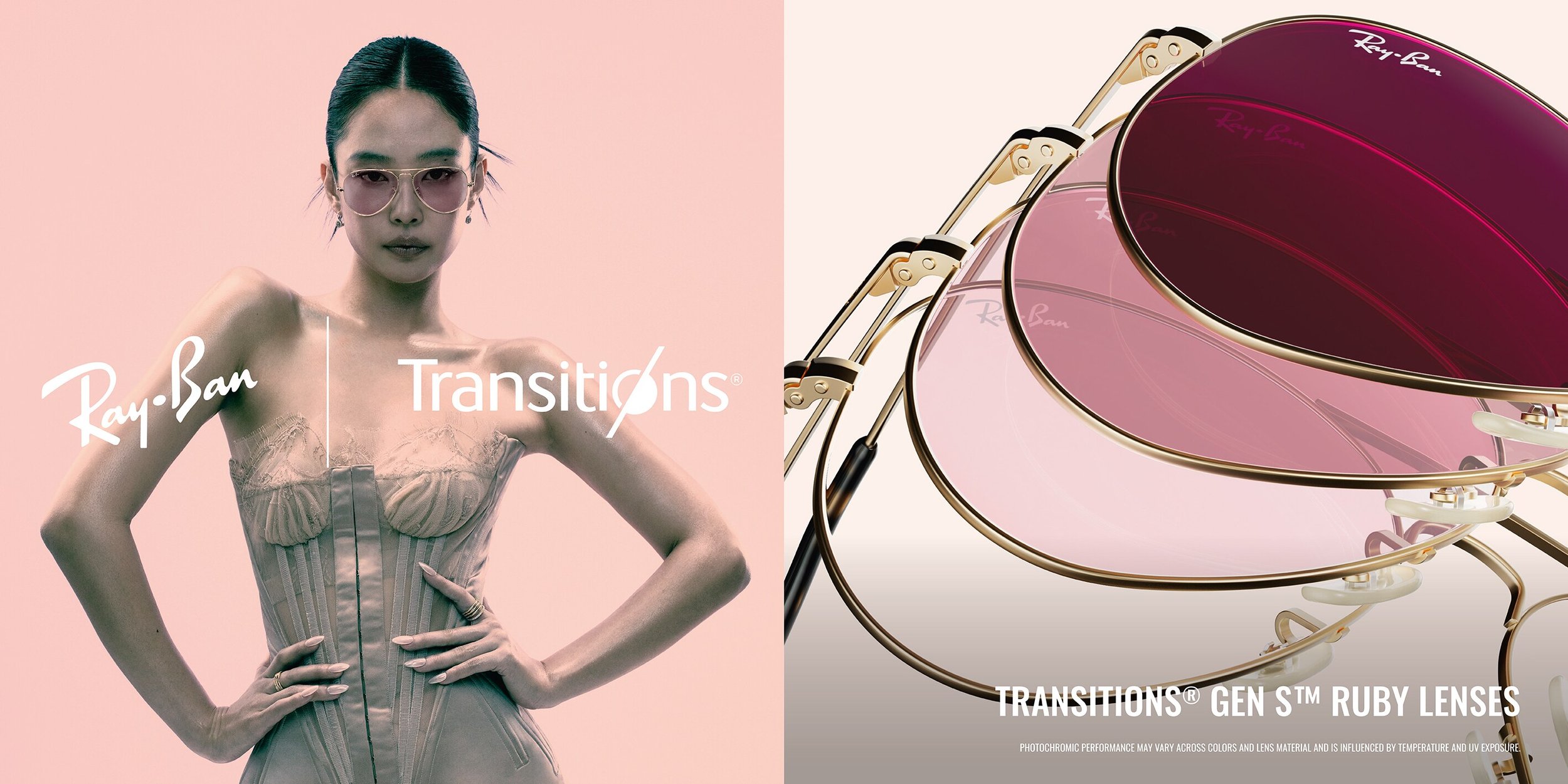 A woman wearing sunglasses and a corset top poses with her hands on her hips. To the right, there are several pairs of sunglasses with purple lenses and gold frames. The text mentions Ray-Ban Transitions lenses and their performance.