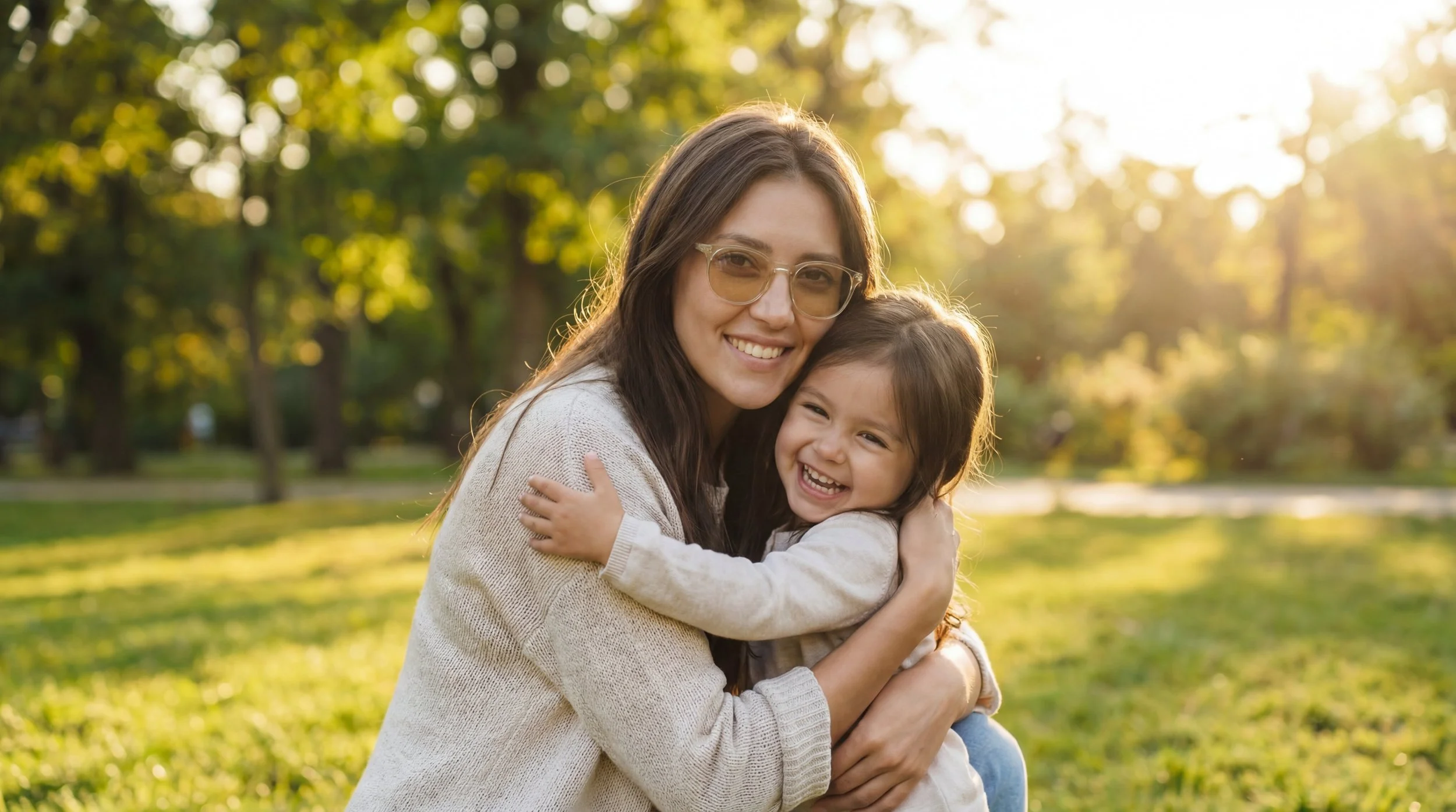 A woman and a young girl hugging outdoors in a park with sunlight shining through trees. Finally happy to live migraine-free using special filtering eyeglasses called Avulux.