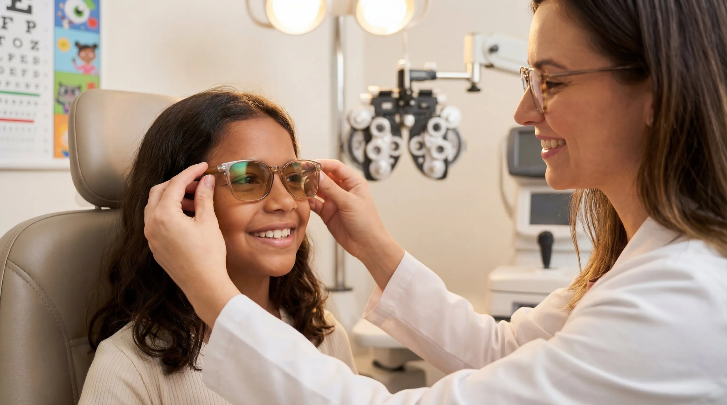 A young girl with long curly hair and glasses sitting in an exam chair at the optometrist's office, smiling as an optometrist helps her put on new glasses.