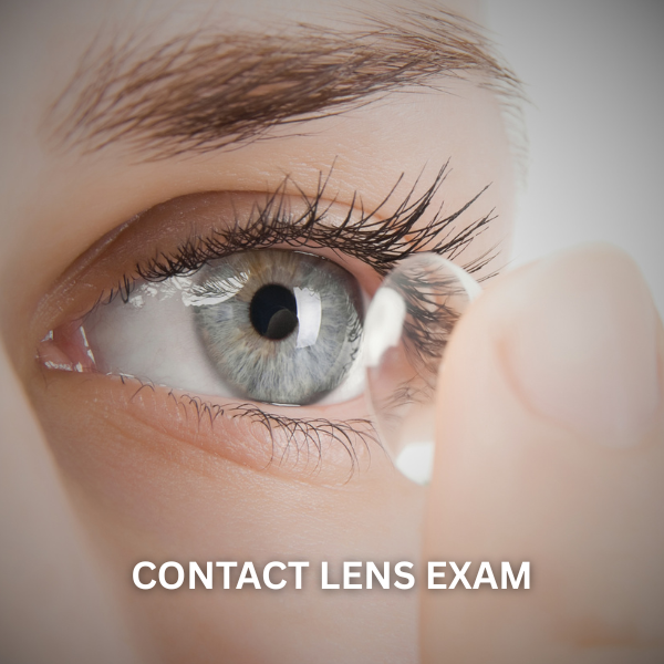 Close-up of a person’s eye getting a contact lens exam, with the focus on the contact lens and eye details.