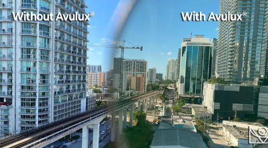 A cityscape view from a window with two panels, one labeled 'Without Avulux' showing a rainbow in the sky, and the other labeled 'With Avulux' showing a clear sky.