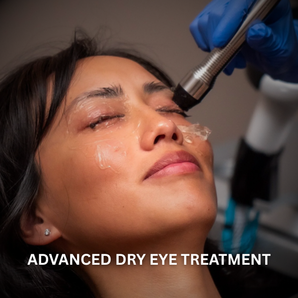 A woman receives an advanced dry eye treatment using a specialized device, Forma Radio Frequency (RF) on her closed eye, with a healthcare professional wearing blue gloves administering the procedure at Superior Eye Health Center.