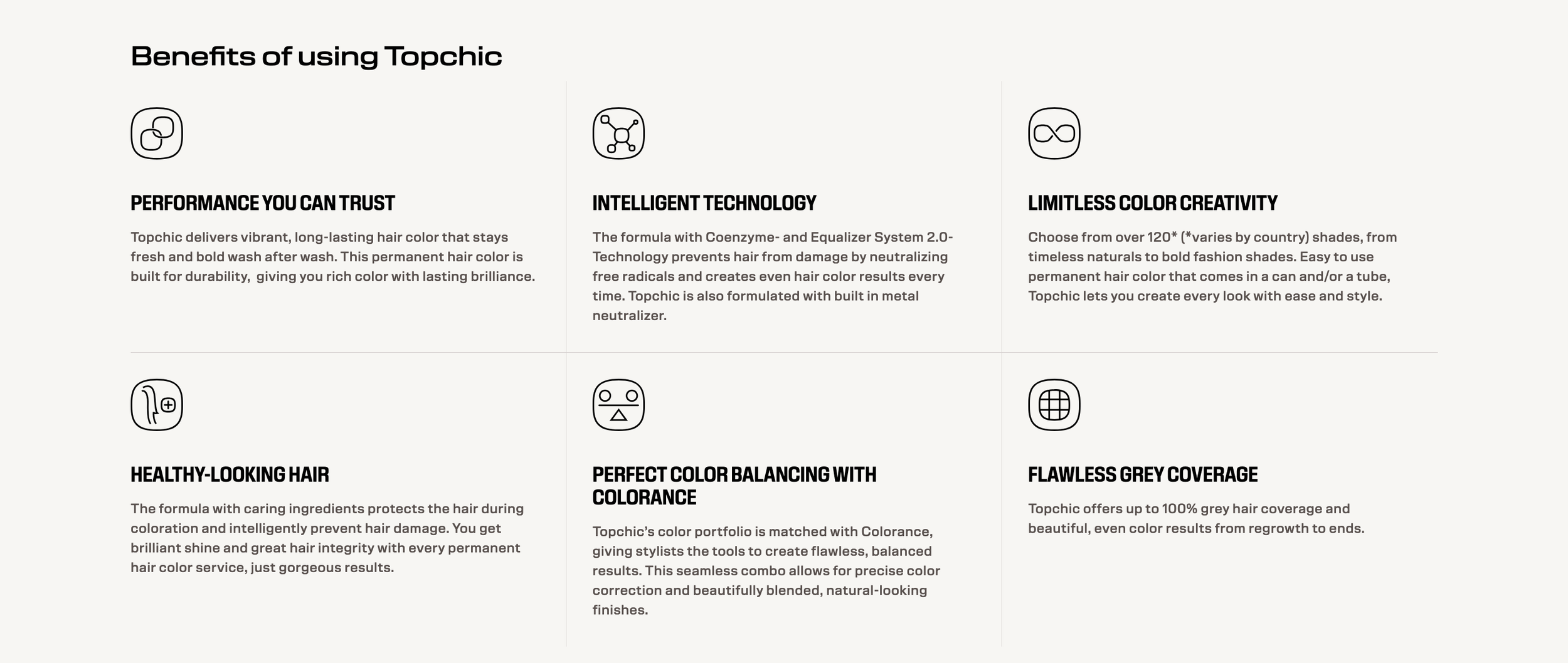 A webpage titled 'Benefits of using TopChic' with six sections, each with an icon, bold headline, and paragraph describing hair color products and benefits of using these expert colour formulas.