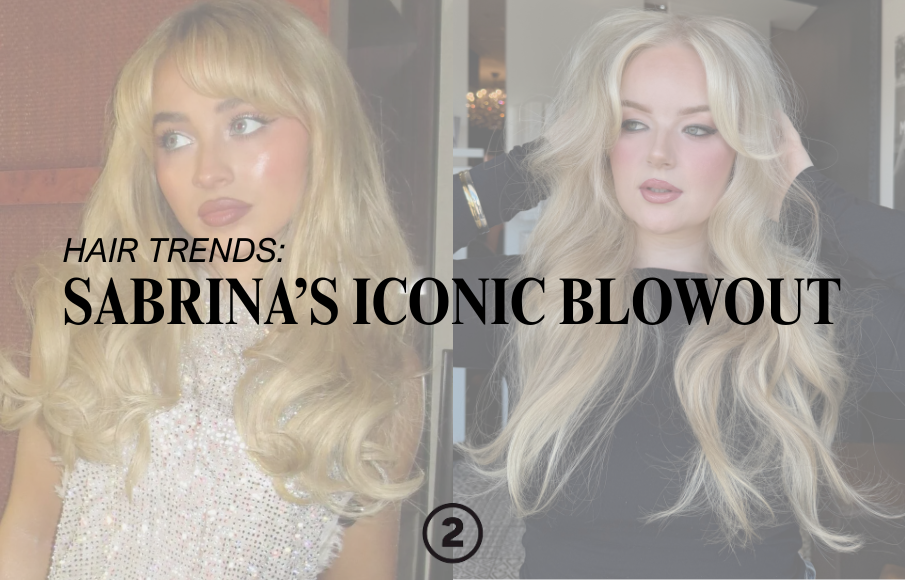 Side-by-side photos of a woman with long, blonde hair in a blowout style, with the text 'Hair Trends: Sabrina's Iconic Blowout' overlayed.