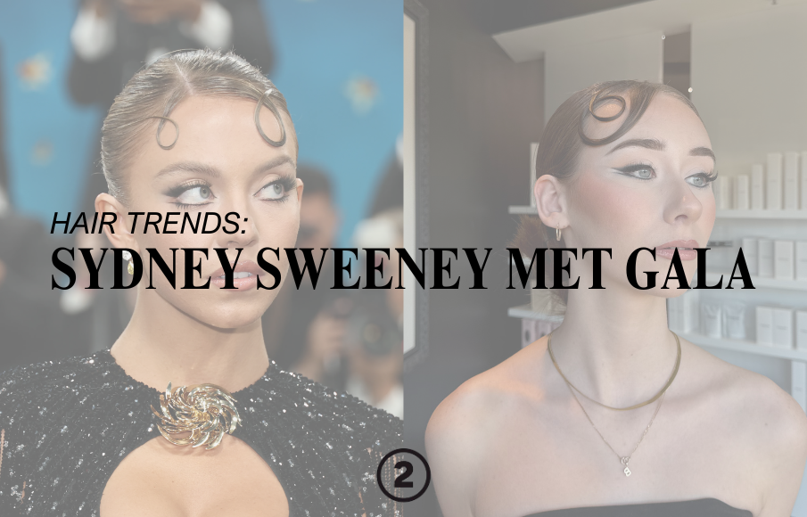 Side-by-side photos of women with vintage-inspired hairstyles, with text overlay about hair trends featuring Sydney Sweeney meet and greet, and a number 2 icon.