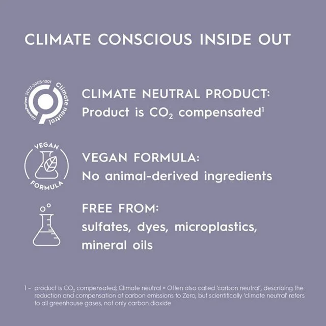 Information about a climate-conscious product, including its carbon neutrality, vegan formula, and being free from sulfates, dyes, microplastics, and mineral oils, displayed on a purple background.
