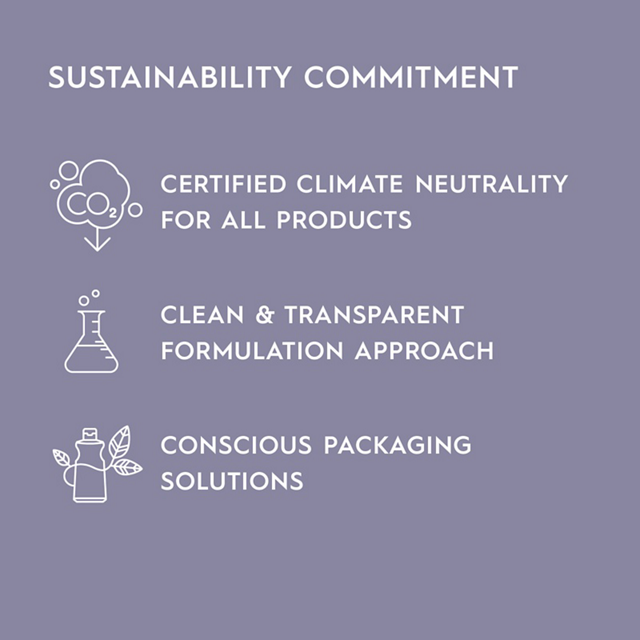 Sustainability commitment infographic with icons for climate neutrality, clean formulation, and conscious packaging.