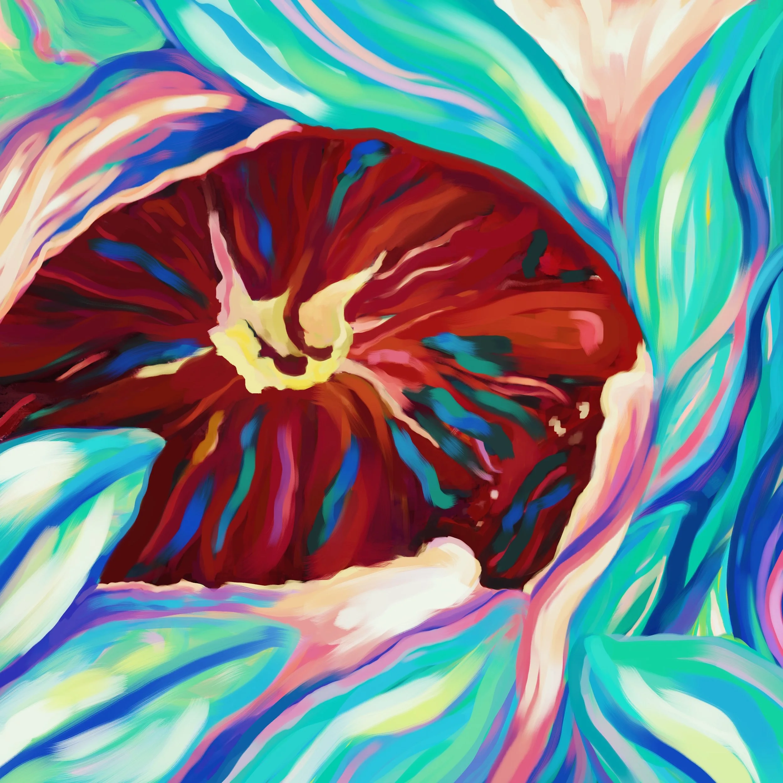 A vibrant, abstract painting of a red flower with soft pastel colors surrounding it.