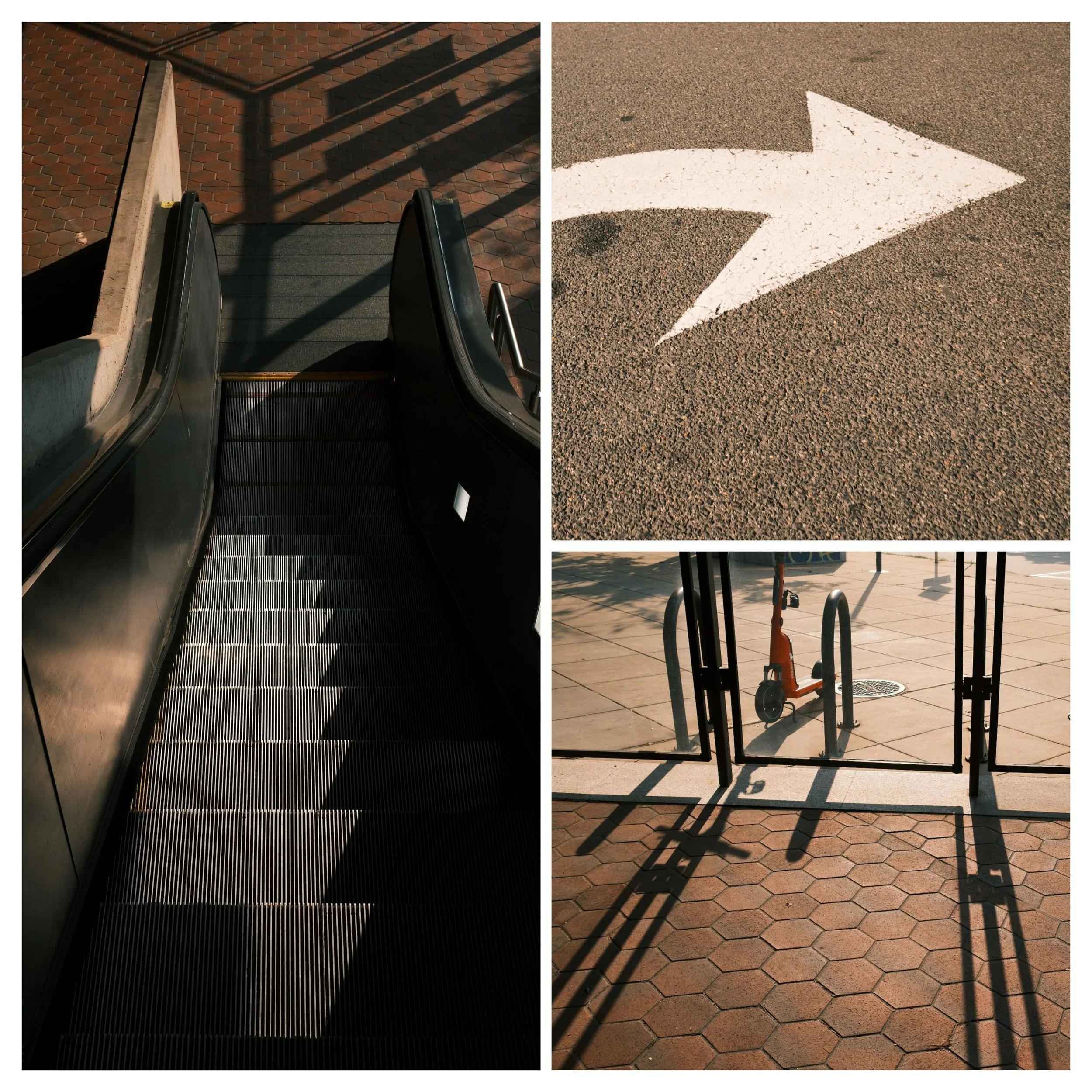 A collage of three images: An escalator with shadow patterns, a white arrow painted on asphalt pointing to the right, and a bicycle locked inside a bike rack on a sidewalk.