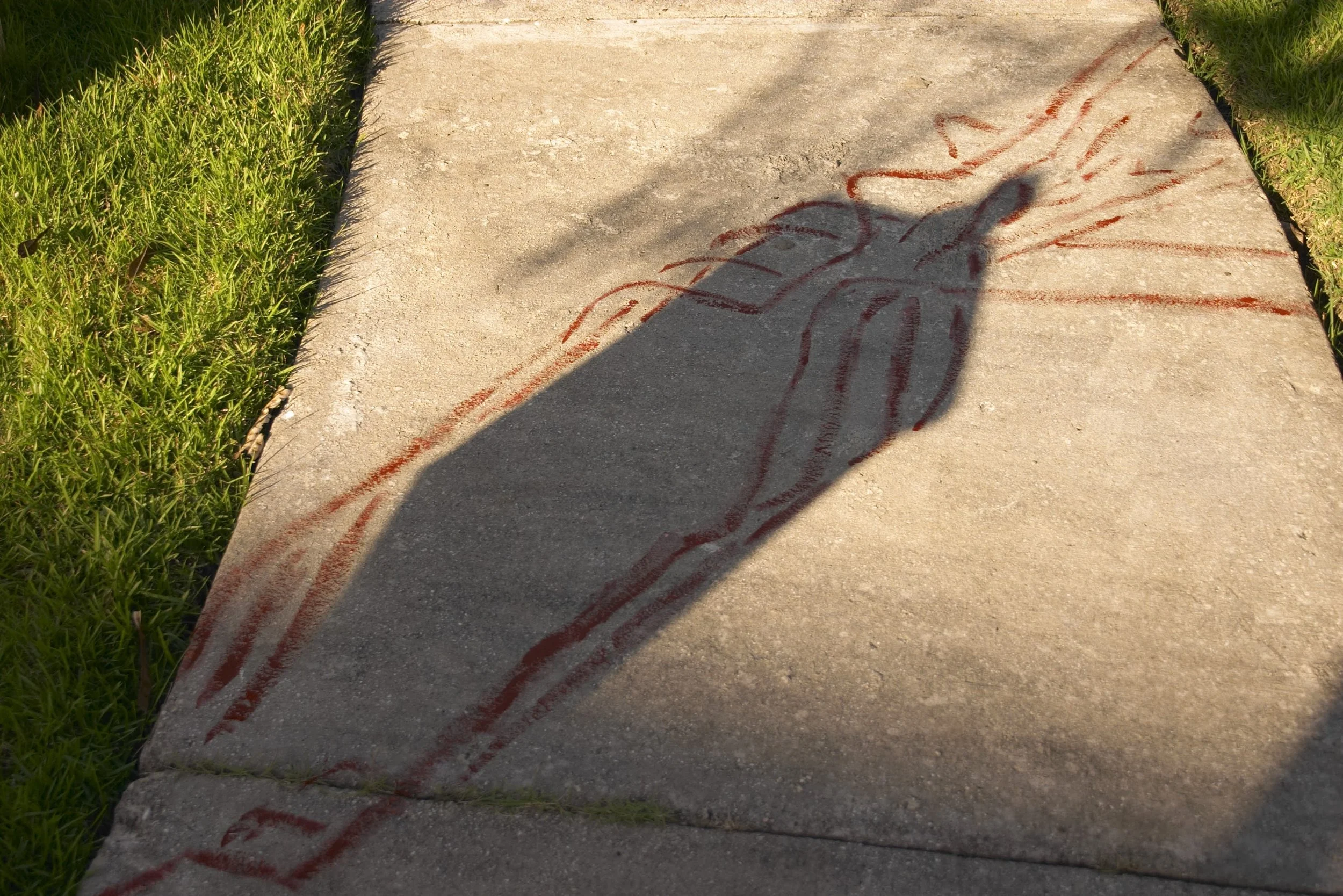 A shadow cast on a concrete sidewalk with a red chalk drawing of a human-like figure, surrounded by green grass.