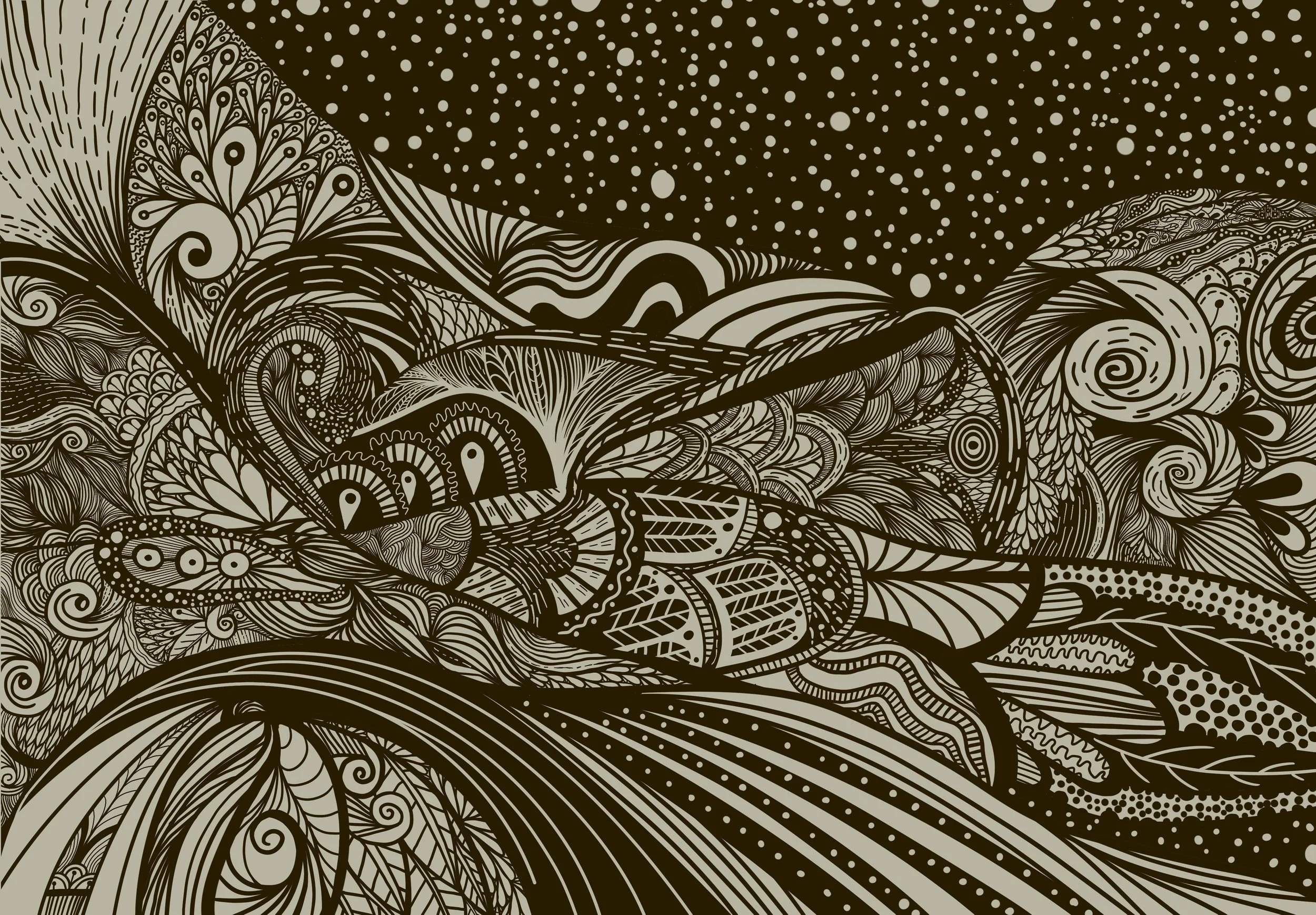 An abstract black and beige artwork with intricate swirling and patterned lines, resembling a stylized landscape or cosmic scene.