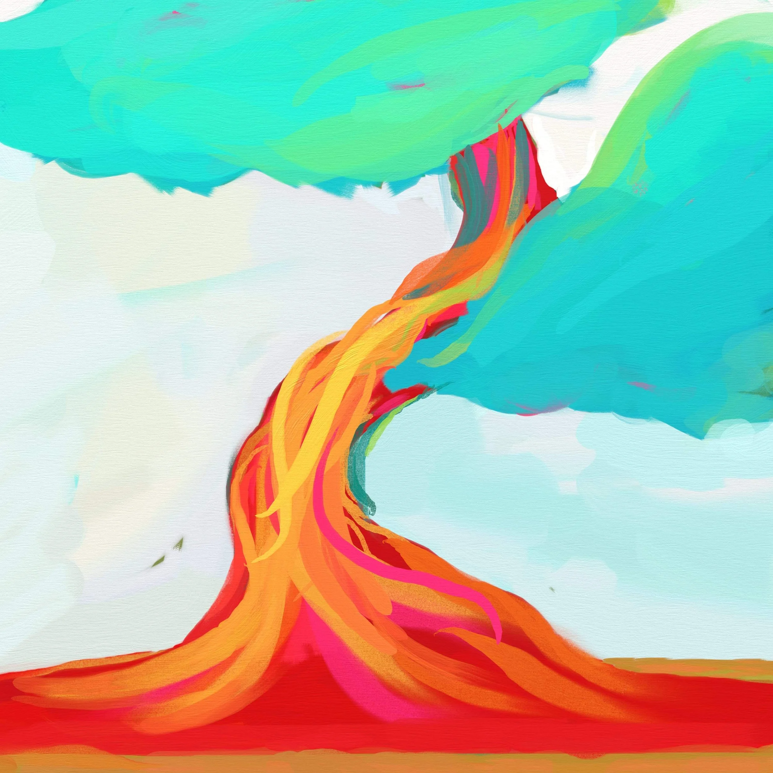 Abstract painting of a vibrant, flowing lava erupting from a volcano with colorful clouds and sky in the background.