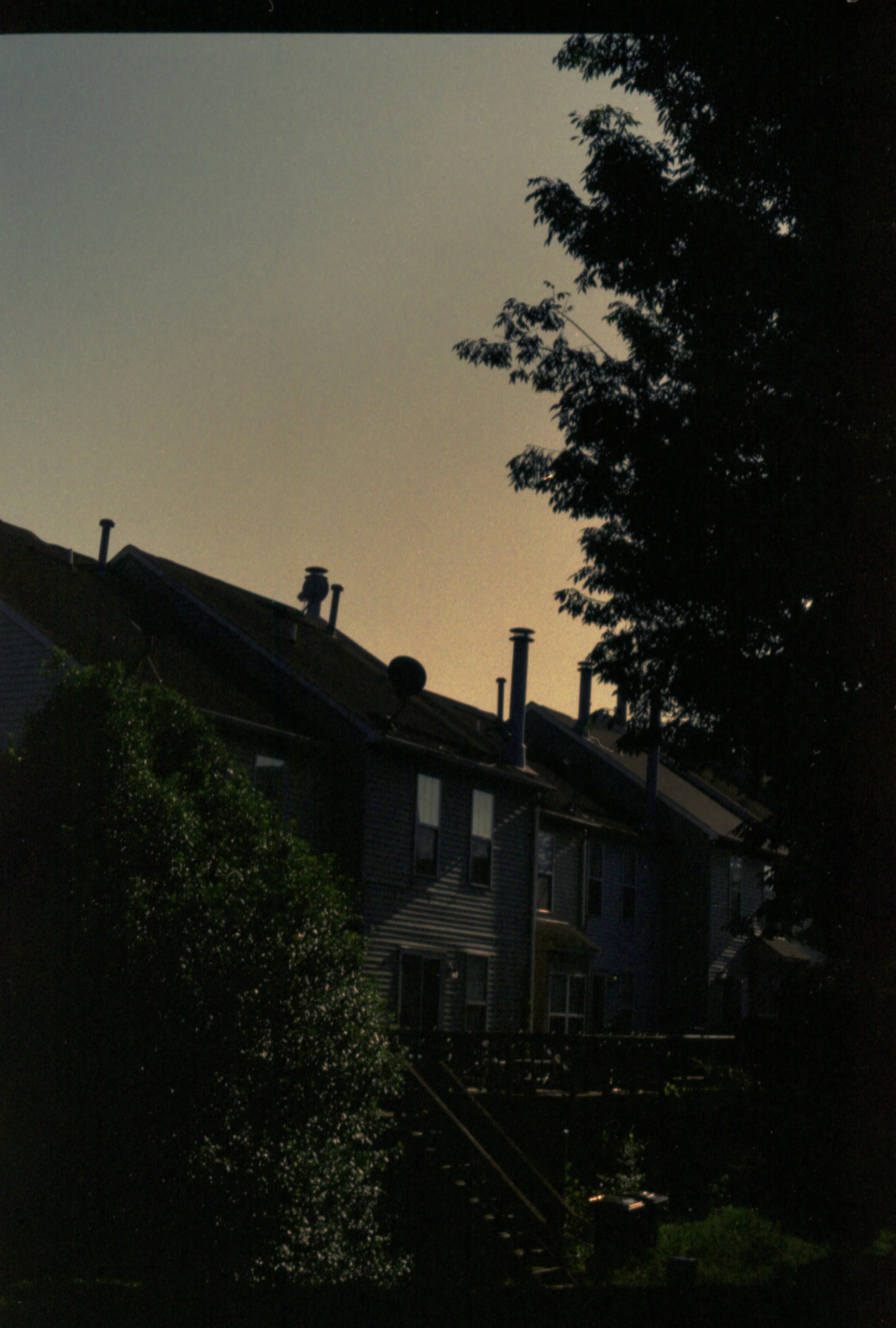 Dusk view of row of houses with chimneys, surrounded by trees and bushes.