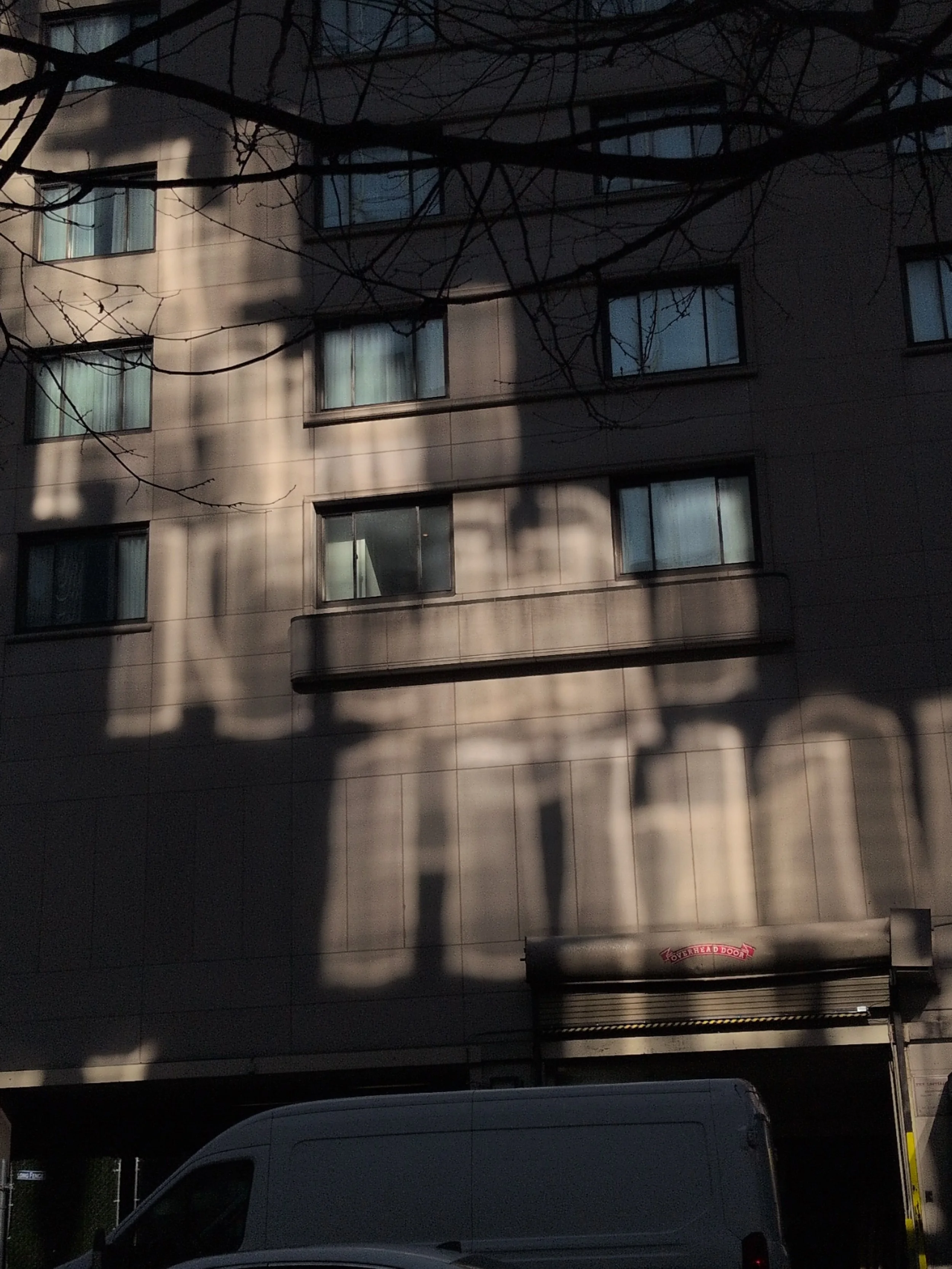 Shadow of a tree cast on a beige-colored apartment building with several windows. A white van is parked in front of the building. The shadow shows branches and leaves.