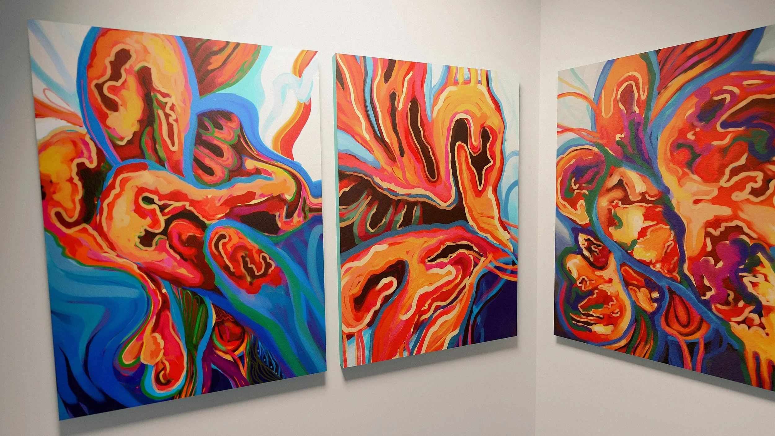 Three colorful abstract paintings with swirling patterns and vibrant colors, displayed on white gallery walls.