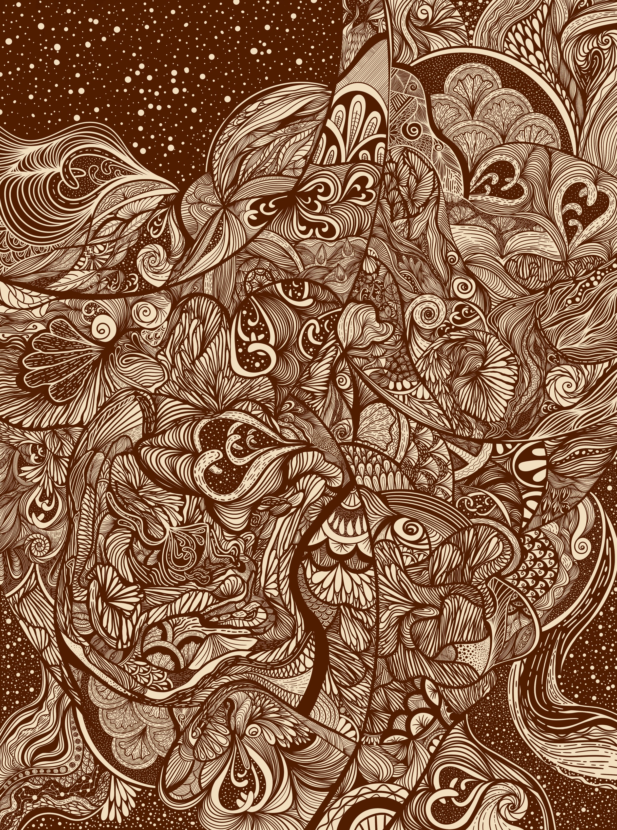 An intricate, abstract black and white line art illustration featuring swirling patterns, leaves, faces, and various decorative elements.