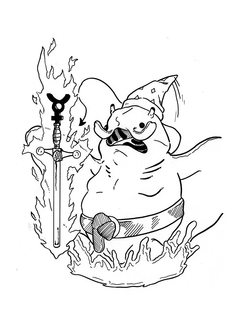 A cartoon manta ray dressed as a wizard with a pointy hat summoning a flaming sword.