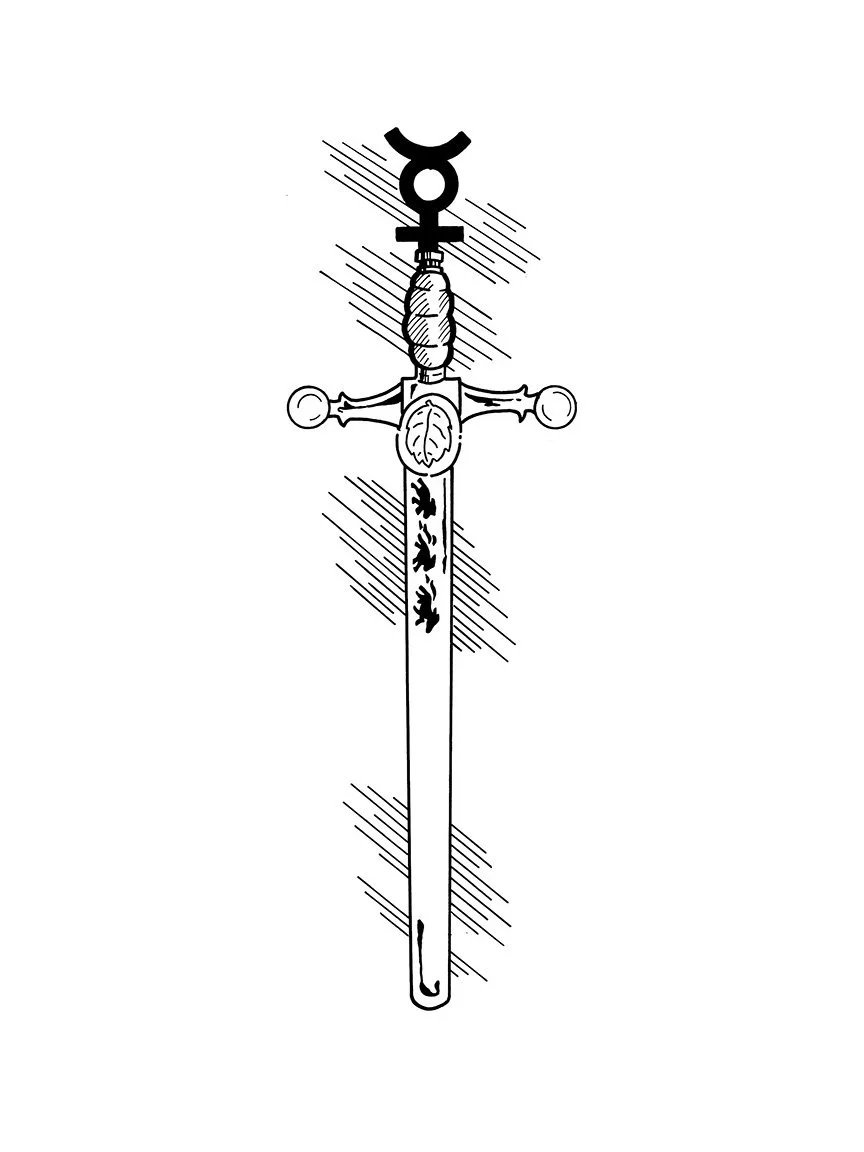 Black and white illustration of a sword with a cross-shaped hilt and a leaf design on the blade and horses. 
