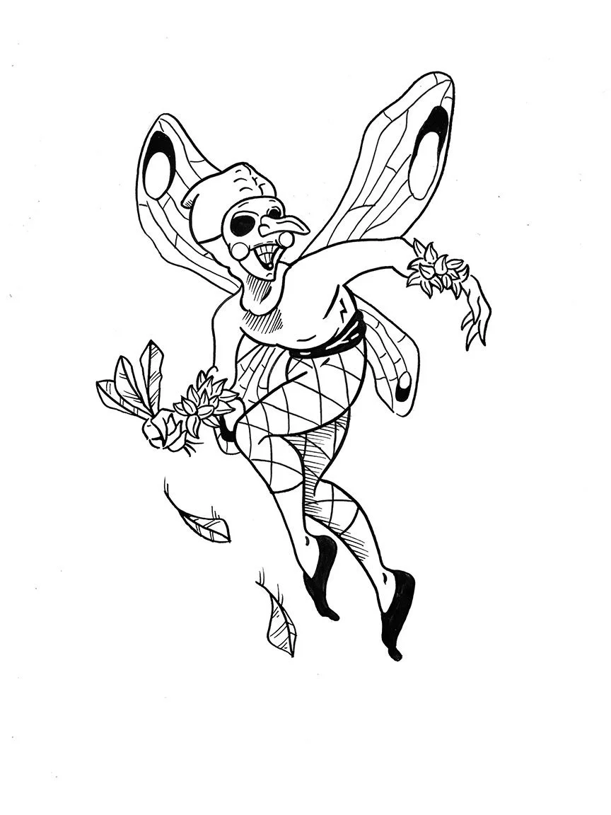 ©Connor Bechen. Farcy Fae. 9" x 12" ink on bristol. 2025
 Dip Pen drawing of a faerie with a clown mask hunched over holding a handful of feathers, featuring large wings, striped legs, and a joyful expression.